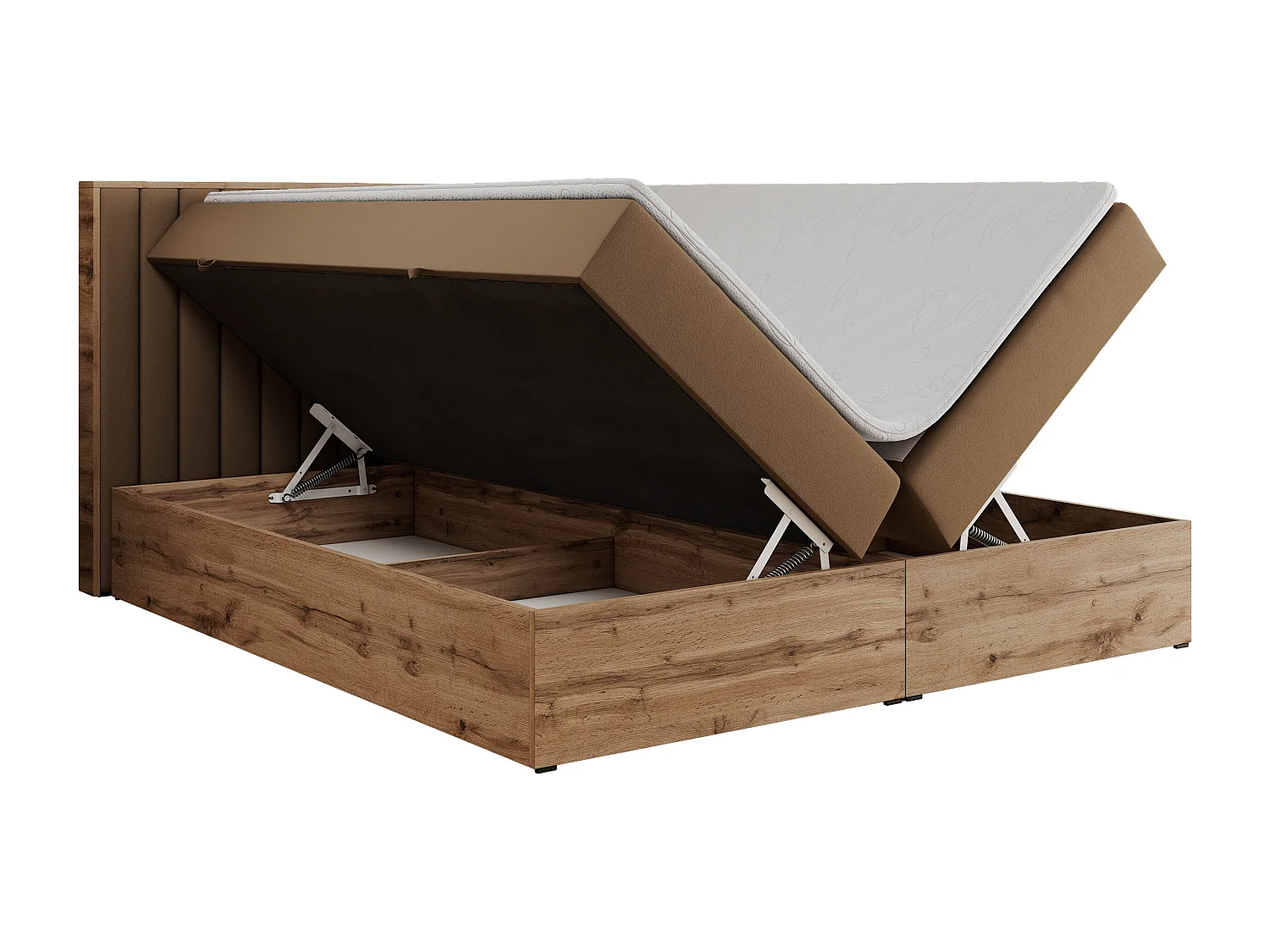 Boxspringbett ALBERO 4, Eiche Wotan Holzrahmen, mit Stauraum, genähtes Kopfteil - 180x200 cm - H3 - Braun Kunstleder