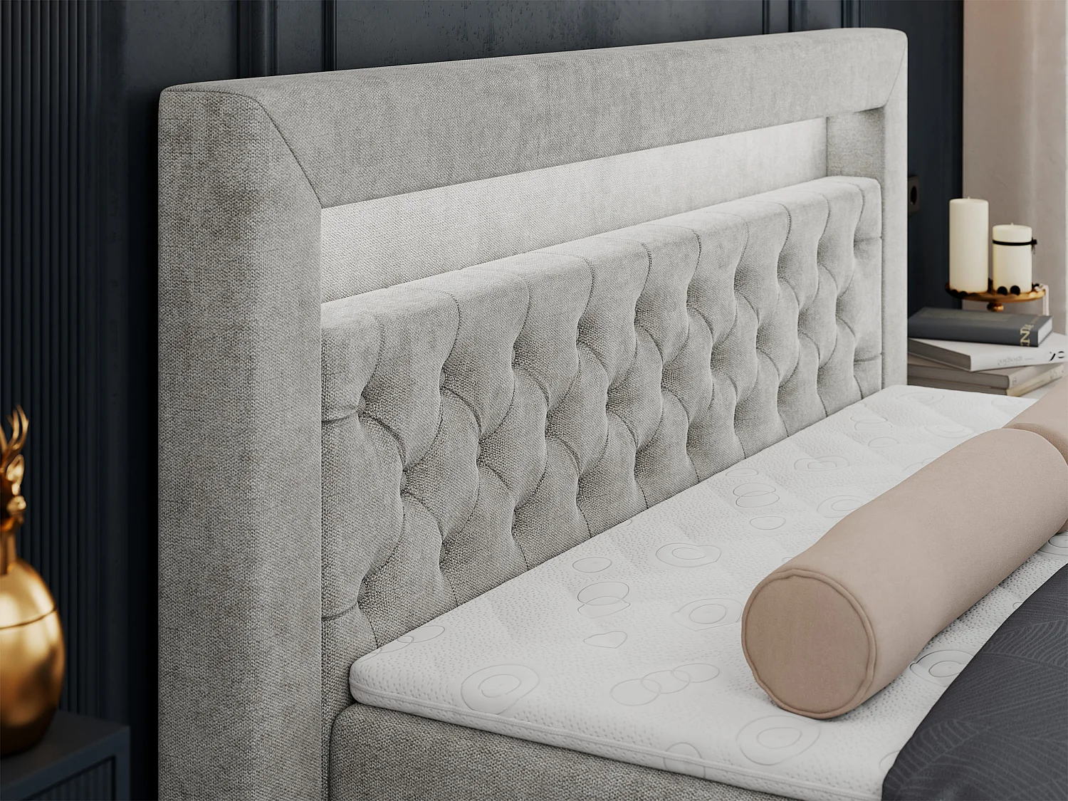 Boxspringbett GOLD 6, Doppelbett mit Stauraum, LED-Beleuchtung, gesteppte Kopfstütze - 140x200 cm - H4 - Hellgrau Strukture
