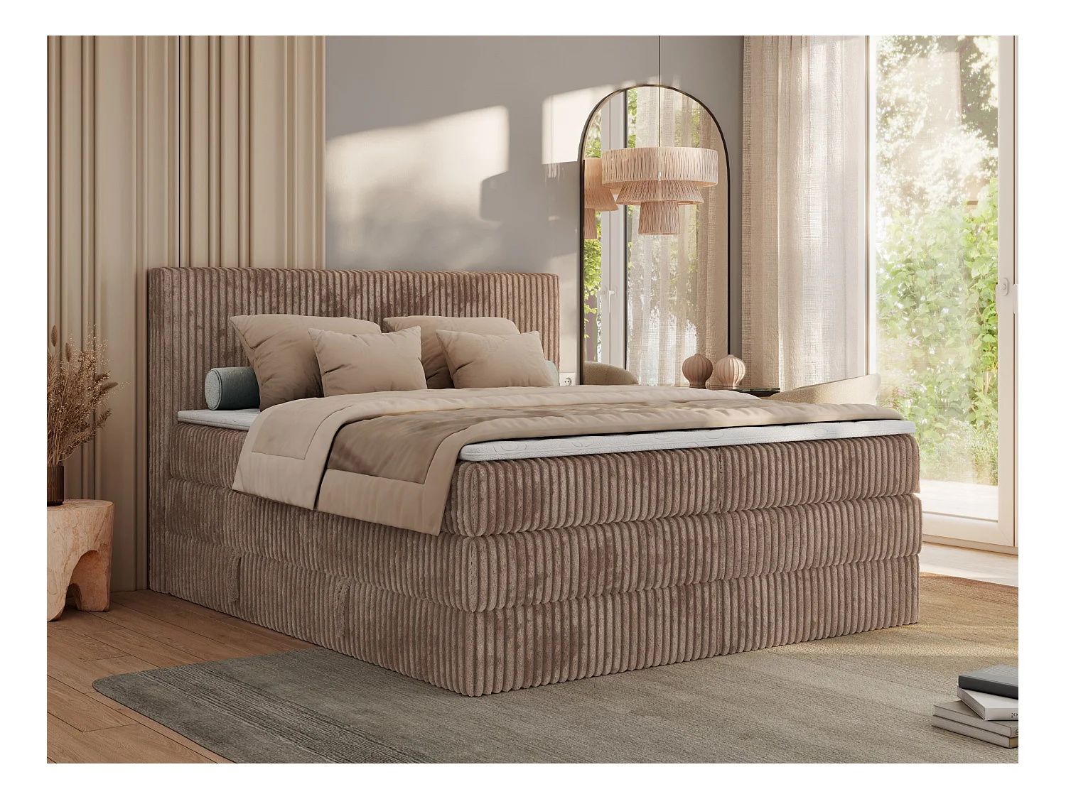 Boxspringbett TILIANO KING, Multipocket-Matratze, Cord Bett, Kopfteil und zwei Bettkästen - 180x200 cm - H4 - Braun Cord
