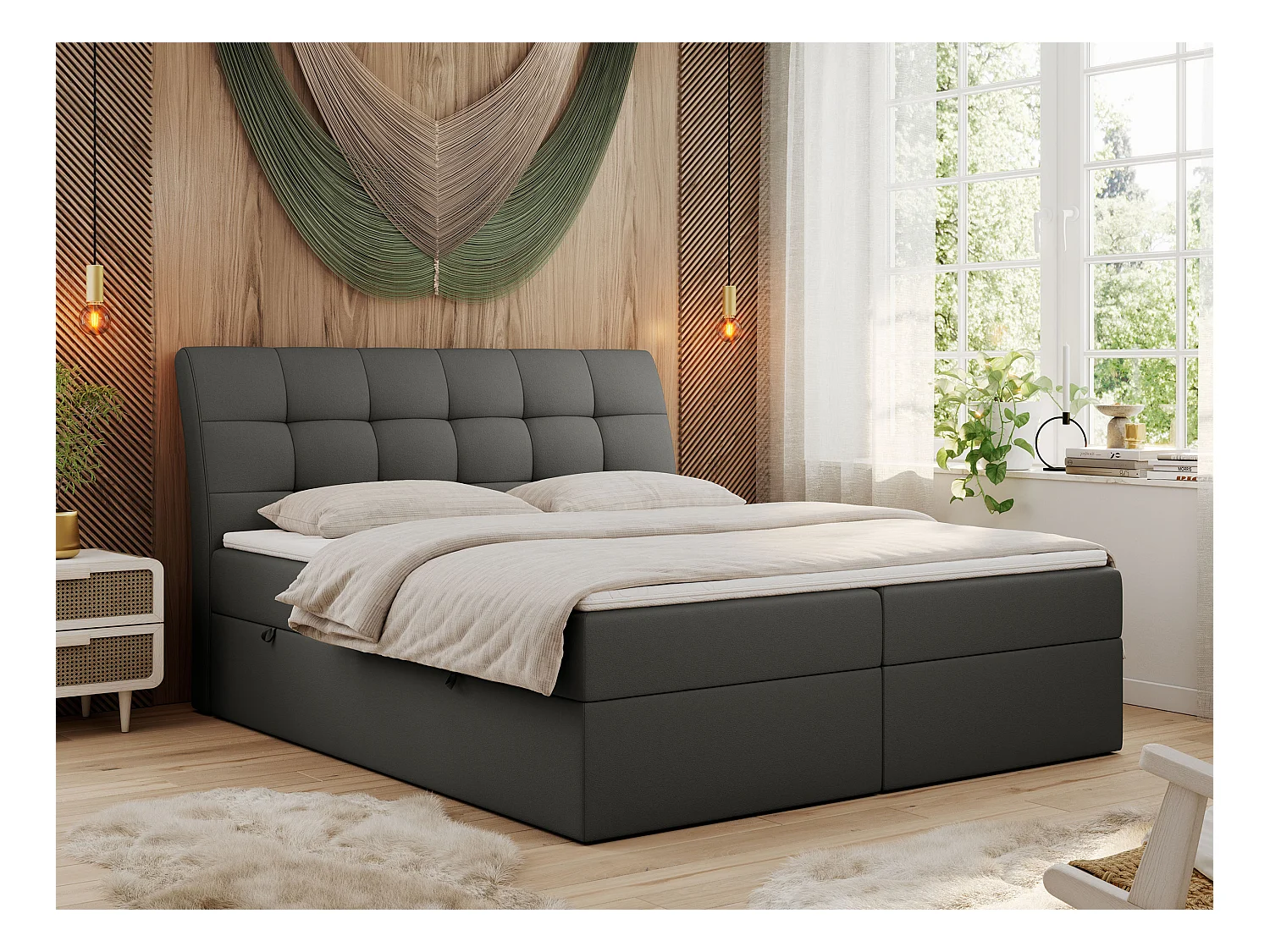 Boxspringbett DIEGOS mit Stauraum, gestepptem Kopfteil, Multipocket-Matratze - 160x200 cm - H3 - Dunkelgrau Kunstleder