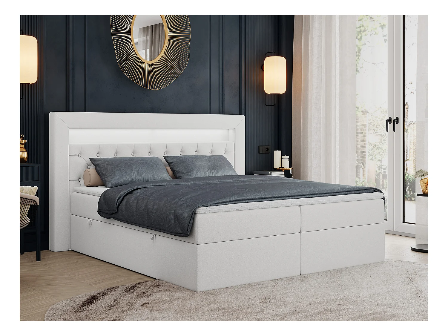 Boxspringbett GOLD 6, Doppelbett mit Stauraum, LED-Beleuchtung, gesteppte Kopfstütze - 180x200 cm - H4 - Weiß Kunstleder