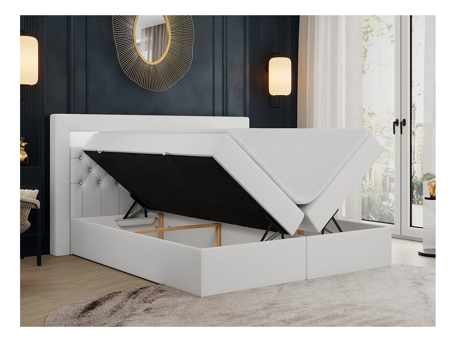 Boxspringbett GOLD 6, Doppelbett mit Stauraum, LED-Beleuchtung, gesteppte Kopfstütze - 180x200 cm - H4 - Weiß Kunstleder