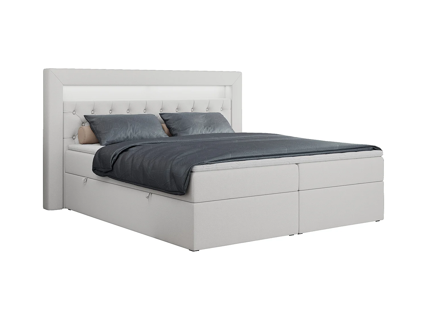 Boxspringbett GOLD 6, Doppelbett mit Stauraum, LED-Beleuchtung, gesteppte Kopfstütze - 180x200 cm - H4 - Weiß Kunstleder
