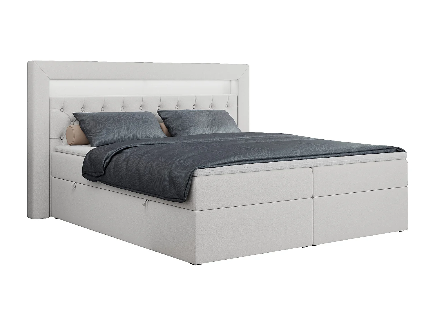 Boxspringbett GOLD 6, Doppelbett mit Stauraum, LED-Beleuchtung, gesteppte Kopfstütze - 180x200 cm - H4 - Weiß Kunstleder