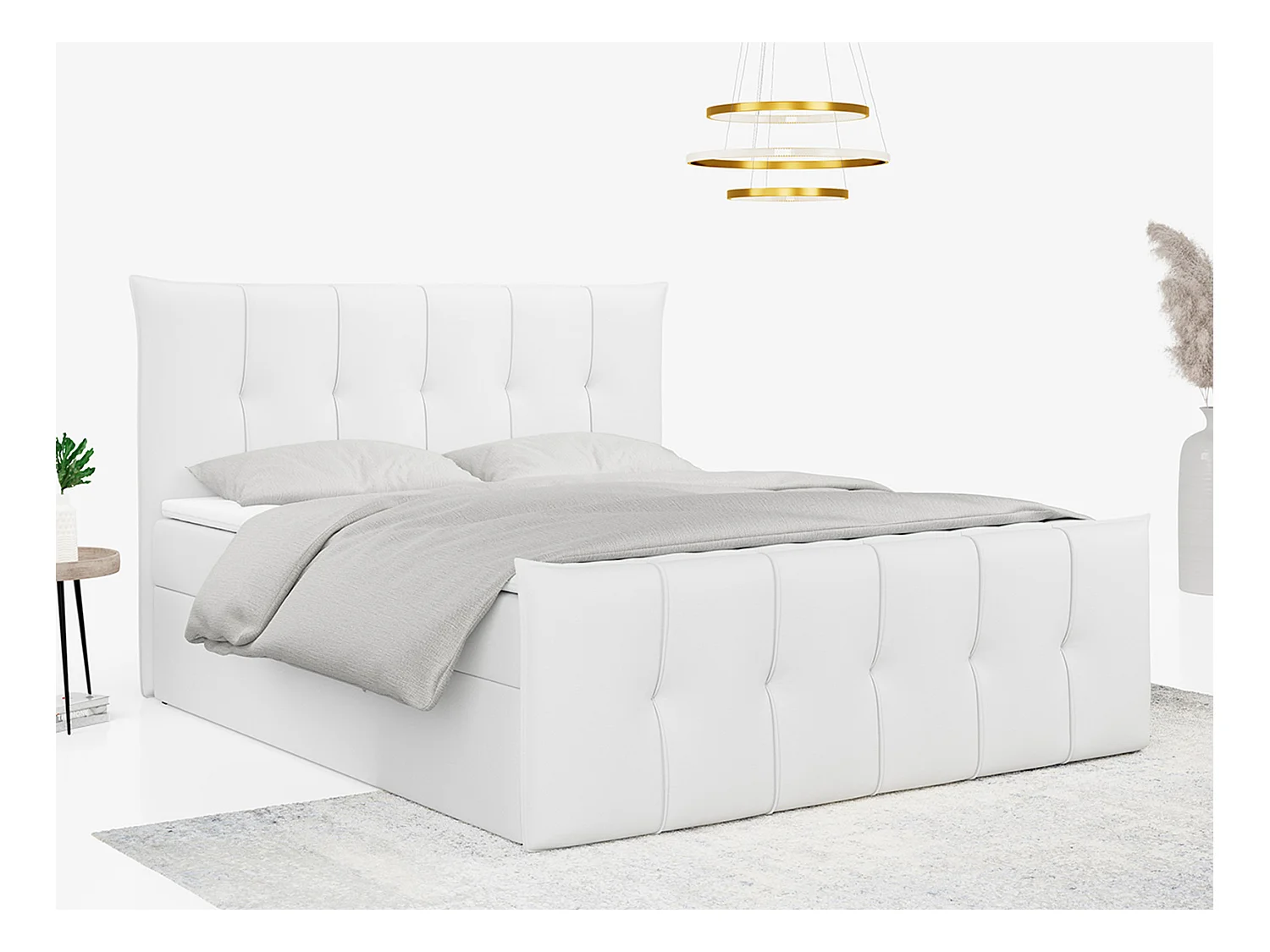 Boxspringbett PREMIUM 11 mit Stauraum, gestepptem Kopfteil, Multipocket-Matratze und Topper - 140x200 cm - H3 - Weiß Kunstleder