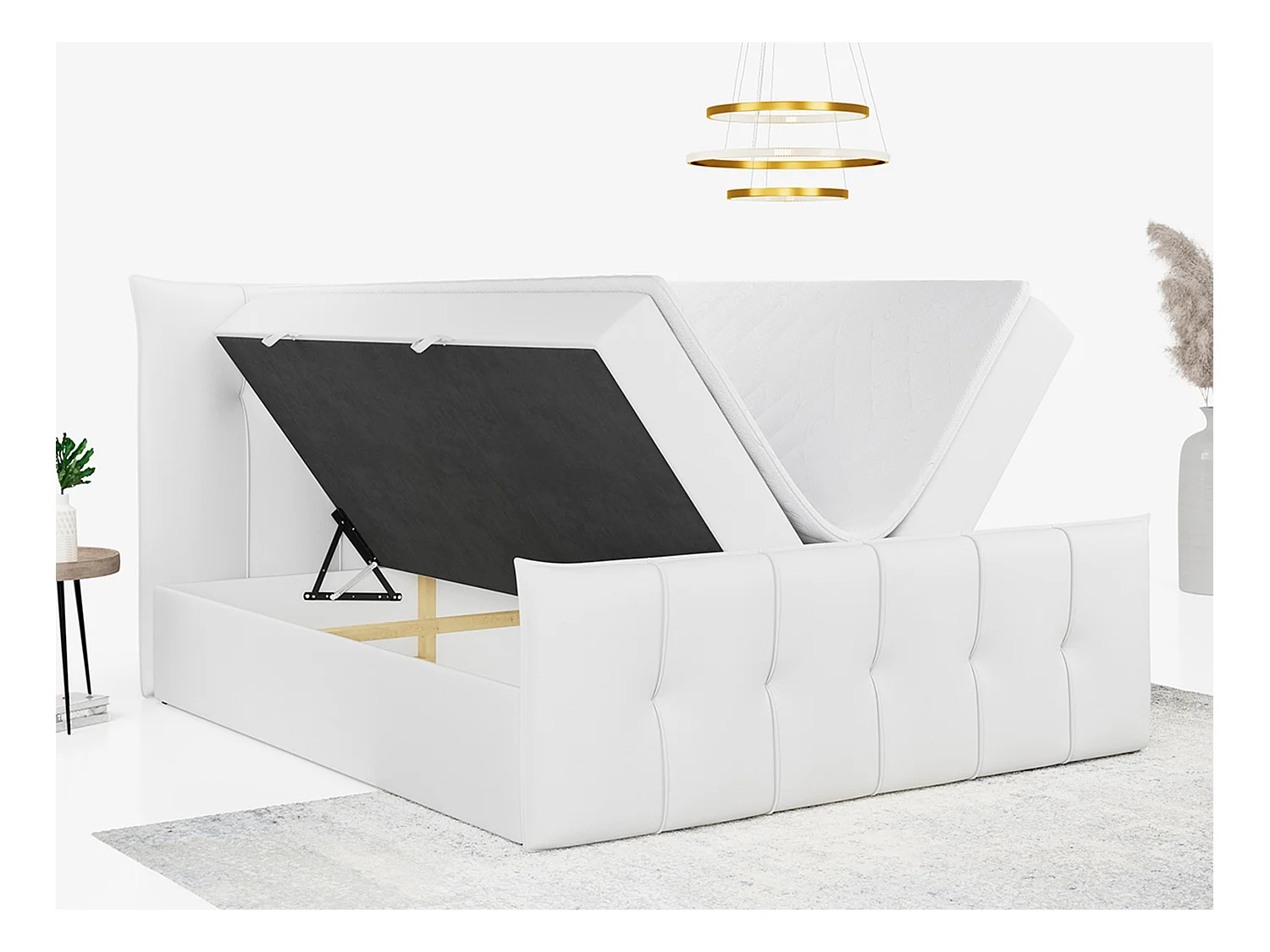 Boxspringbett PREMIUM 11 mit Stauraum, gestepptem Kopfteil, Multipocket-Matratze und Topper - 140x200 cm - H3 - Weiß Kunstleder