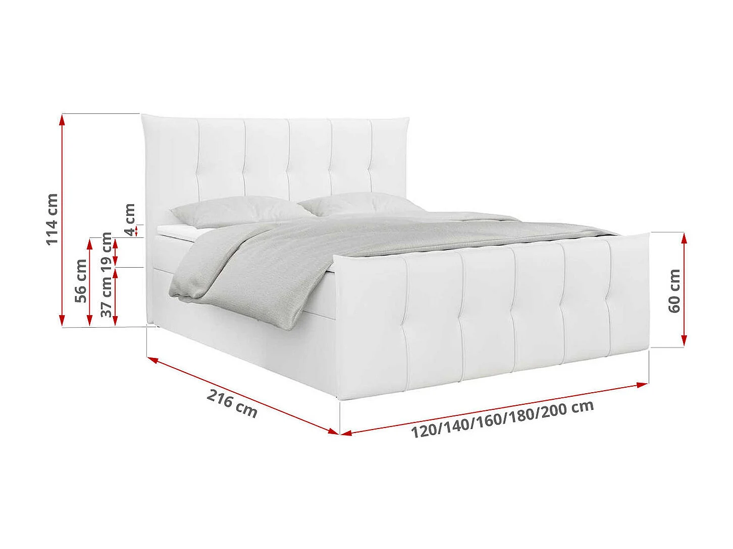 Boxspringbett PREMIUM 11 mit Stauraum, gestepptem Kopfteil, Multipocket-Matratze und Topper - 140x200 cm - H3 - Weiß Kunstleder