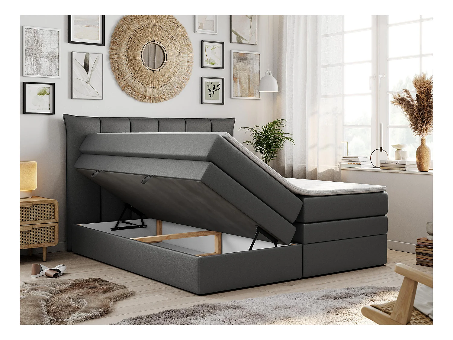 Boxspringbett PREMIUM 10 KING, Doppelbett mit Stauraum, gesteppte Kopfstütze, Multipocket-Matratze - 160x200 cm - H4 - Dunkelgrau Kunstleder