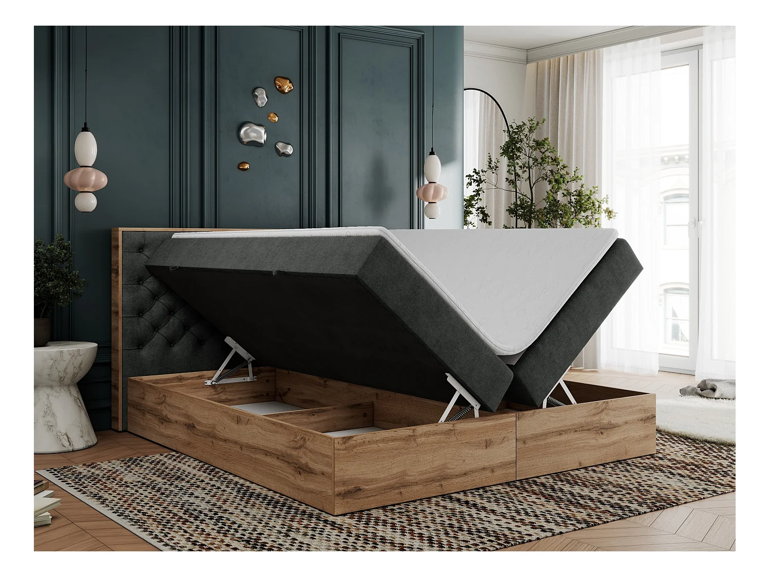 Boxspringbett ALBERO 3 - gesteppte Kopfstütze, Eiche Wotan Holzrahmen, Stauraum - 120x200 cm - H4 - Dunkelgrau Strukture