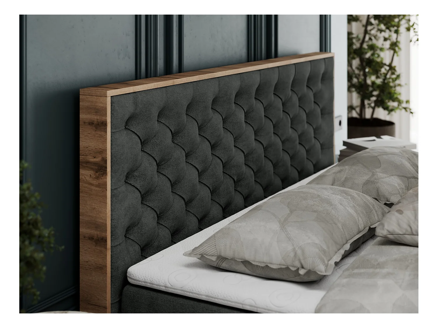 Boxspringbett ALBERO 3 - gesteppte Kopfstütze, Eiche Wotan Holzrahmen, Stauraum - 120x200 cm - H4 - Dunkelgrau Strukture