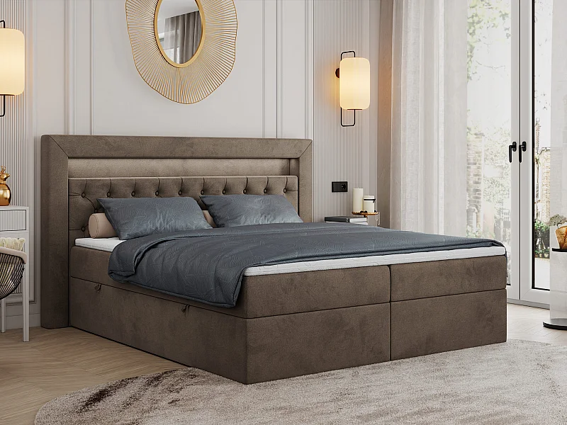 Boxspringbett GOLD 6, Doppelbett mit Stauraum, LED-Beleuchtung, gesteppte Kopfstütze - 140x200 cm - H4 - Braun Velvet