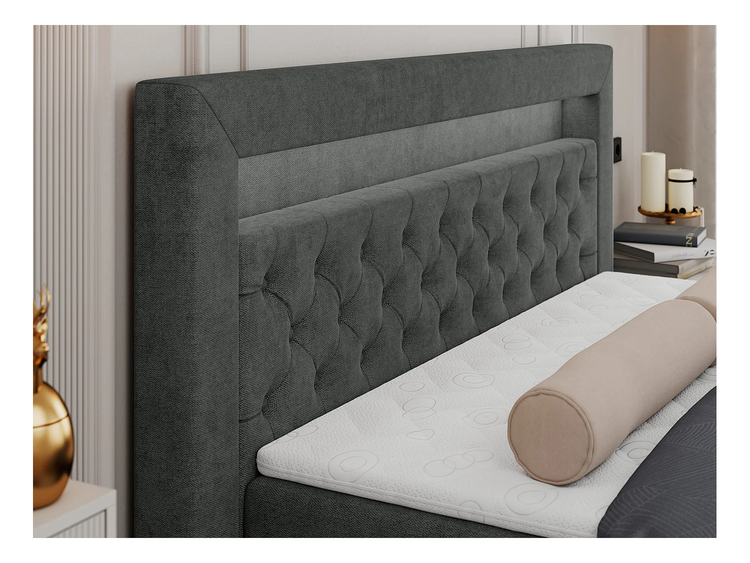 Boxspringbett GOLD 6, Doppelbett mit Stauraum, LED-Beleuchtung, gesteppte Kopfstütze - 120x200 cm - H3 - Dunkelgrau Strukture