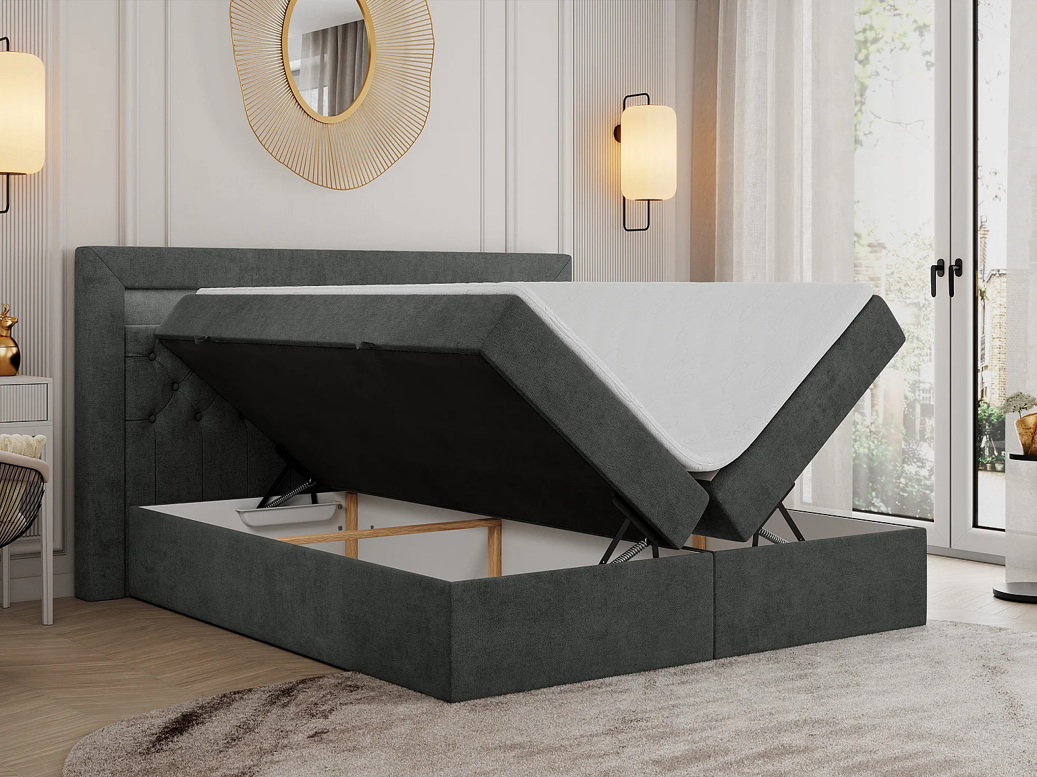 Boxspringbett GOLD 6, Doppelbett mit Stauraum, LED-Beleuchtung, gesteppte Kopfstütze - 120x200 cm - H3 - Dunkelgrau Strukture