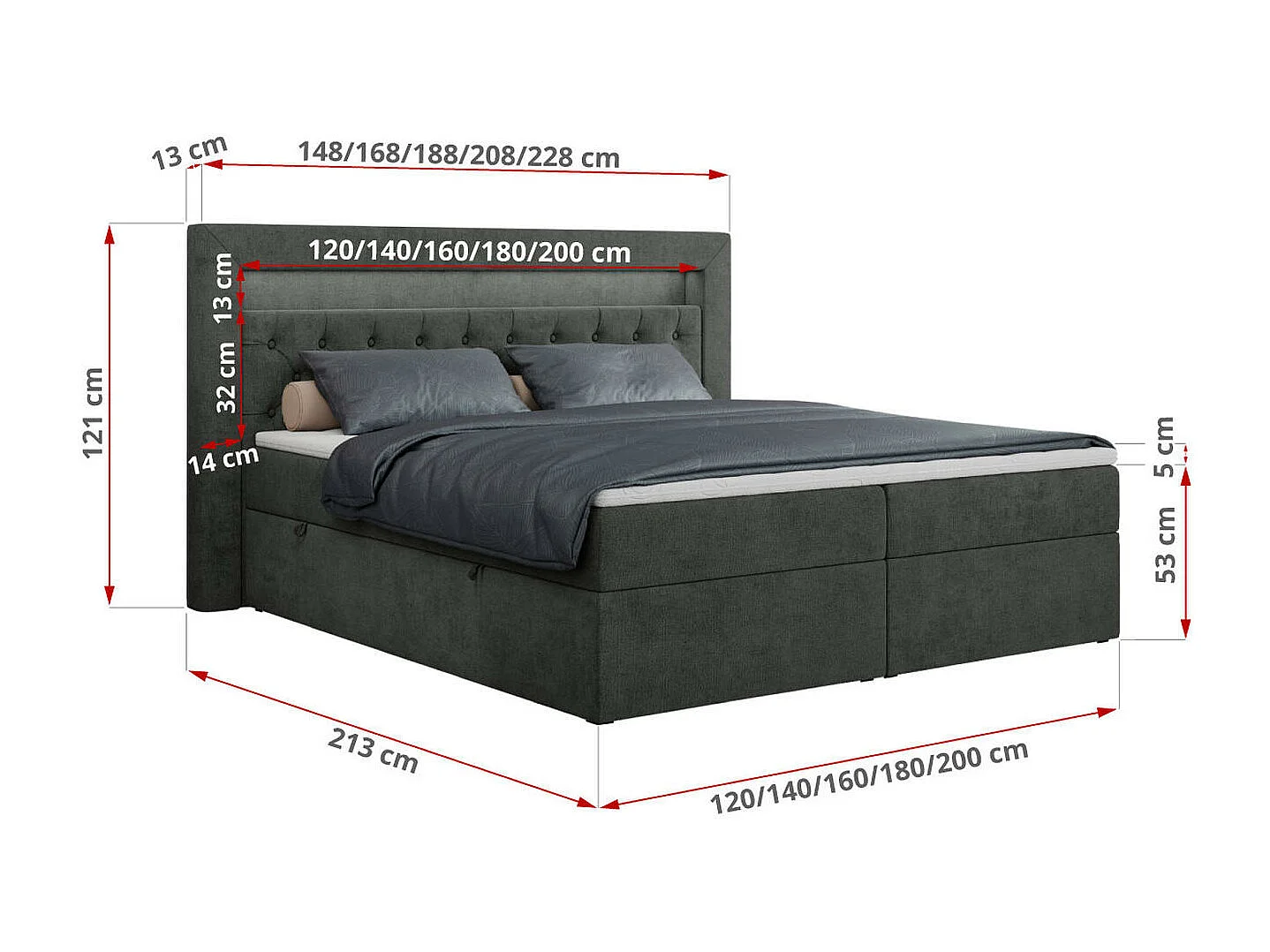 Boxspringbett GOLD 6, Doppelbett mit Stauraum, LED-Beleuchtung, gesteppte Kopfstütze - 120x200 cm - H3 - Dunkelgrau Strukture