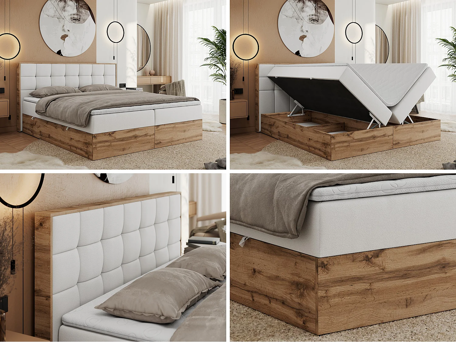 Boxspringbett ALBERO 1, Polsterbett mit gestepptem Kopfteil, Multipocket-Matratze - 120x200 cm - H4 - Weiß Kunstleder