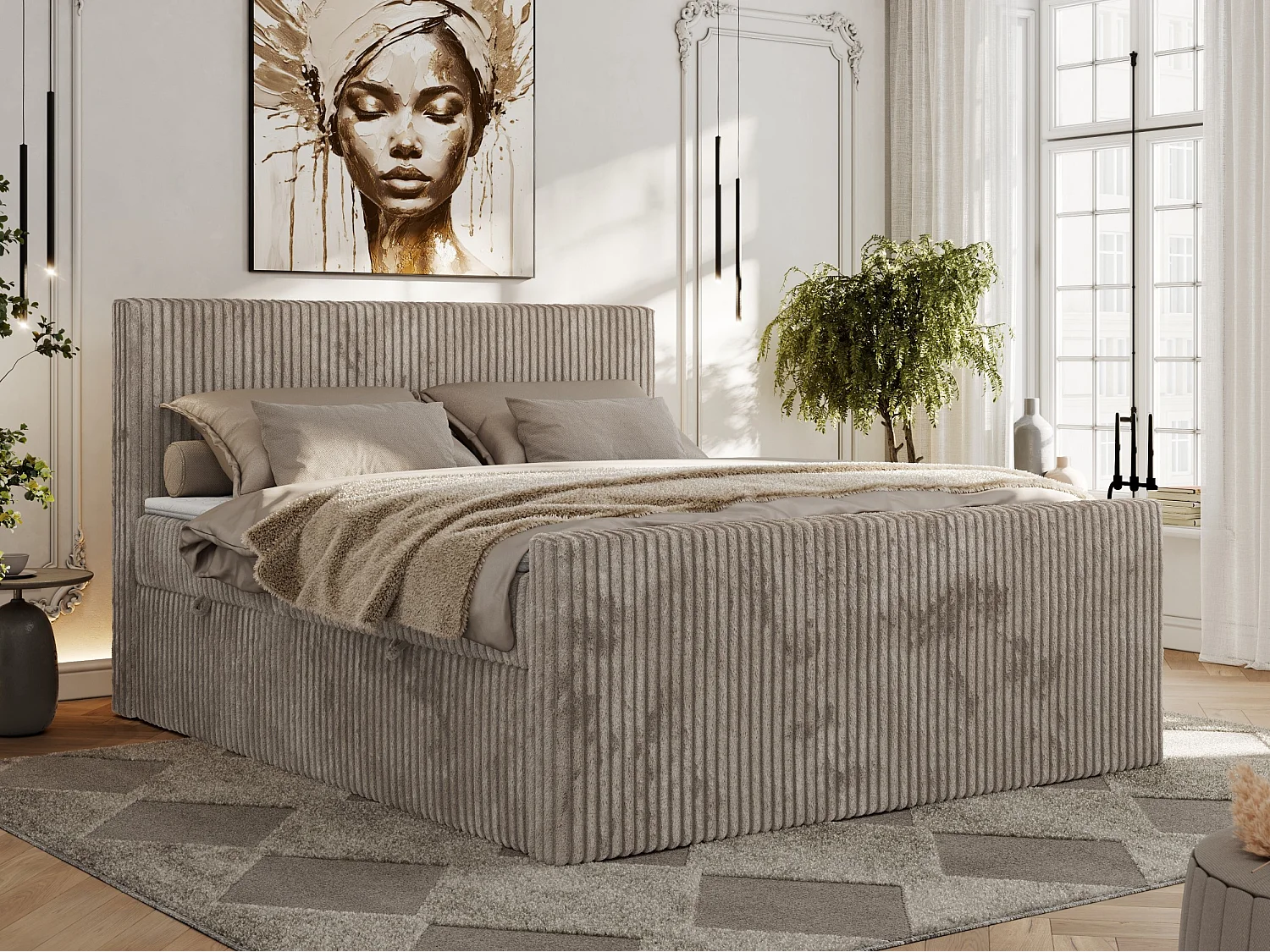 Boxspringbett TILIANO DUO mit gepolstertem Fußteil, Cord Bett, Multipocket-Matratze - 160x200 cm - H4 - Hellbraun Cord