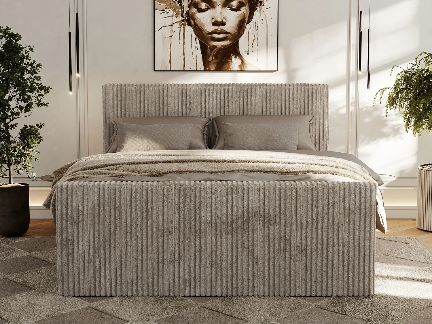 Boxspringbett TILIANO DUO mit gepolstertem Fußteil, Cord Bett, Multipocket-Matratze - 160x200 cm - H4 - Hellbraun Cord