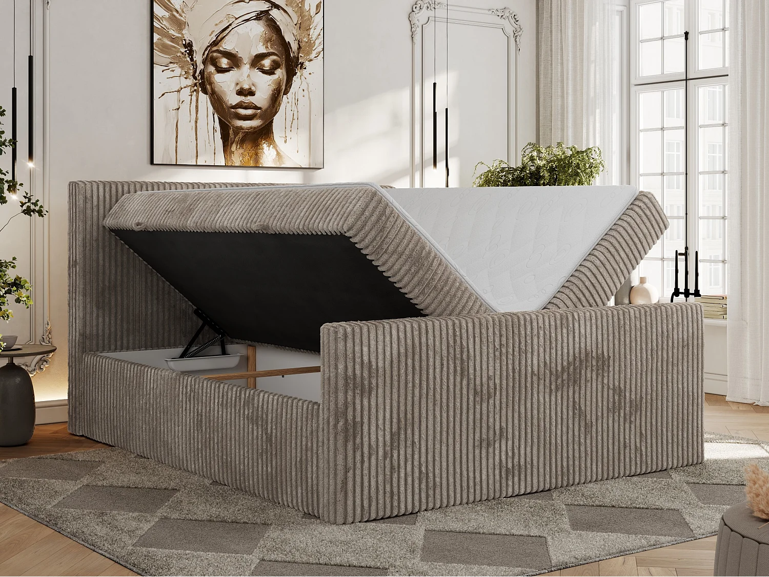 Boxspringbett TILIANO DUO mit gepolstertem Fußteil, Cord Bett, Multipocket-Matratze - 160x200 cm - H4 - Hellbraun Cord