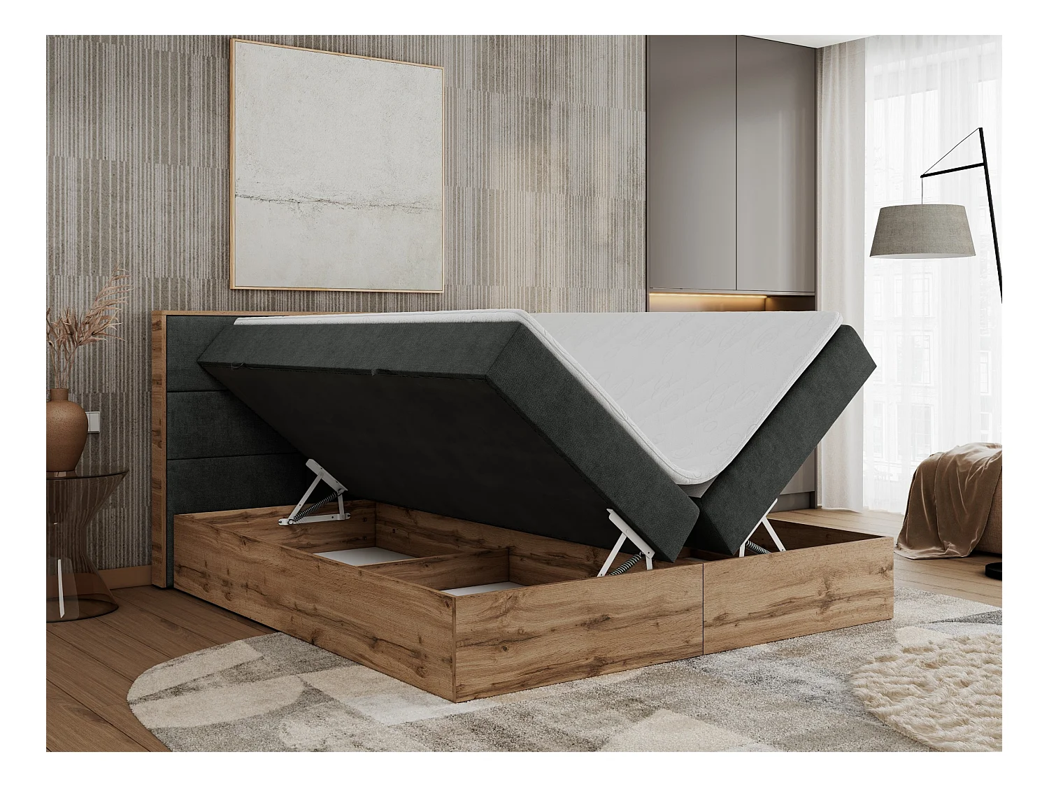 Boxspringbett ALBERO 2 mit Topper und Multipocket-Matratze, Stauraum, Holzrahmen - 160x200 cm - H4 - Dunkelgrau Strukture