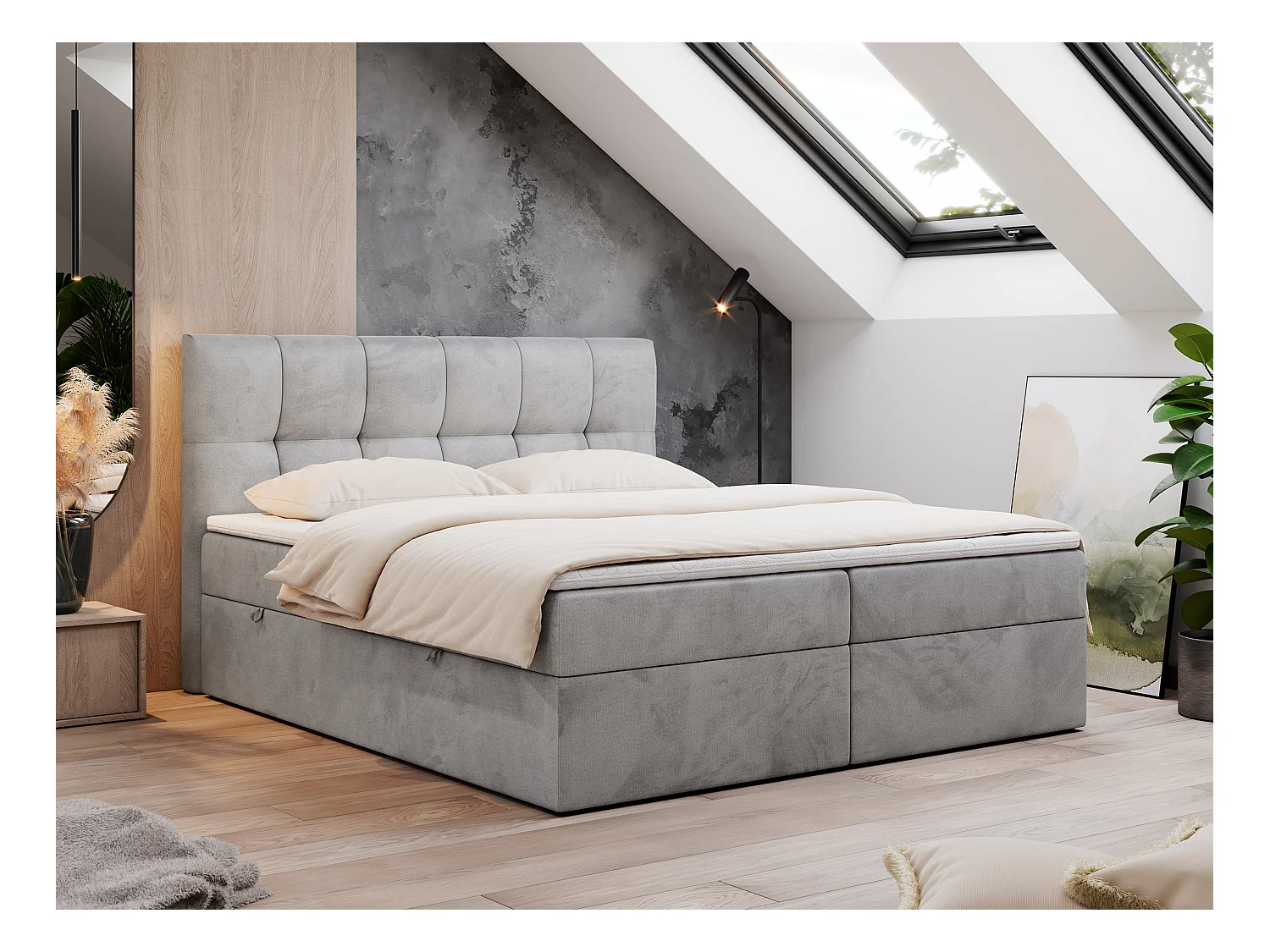 Boxspringbett RICO, Doppelbett mit Matratze, zwei Bettkästen, Bett mit Kopfteil - 160x200 cm - H3 - Hellgrau Velvet