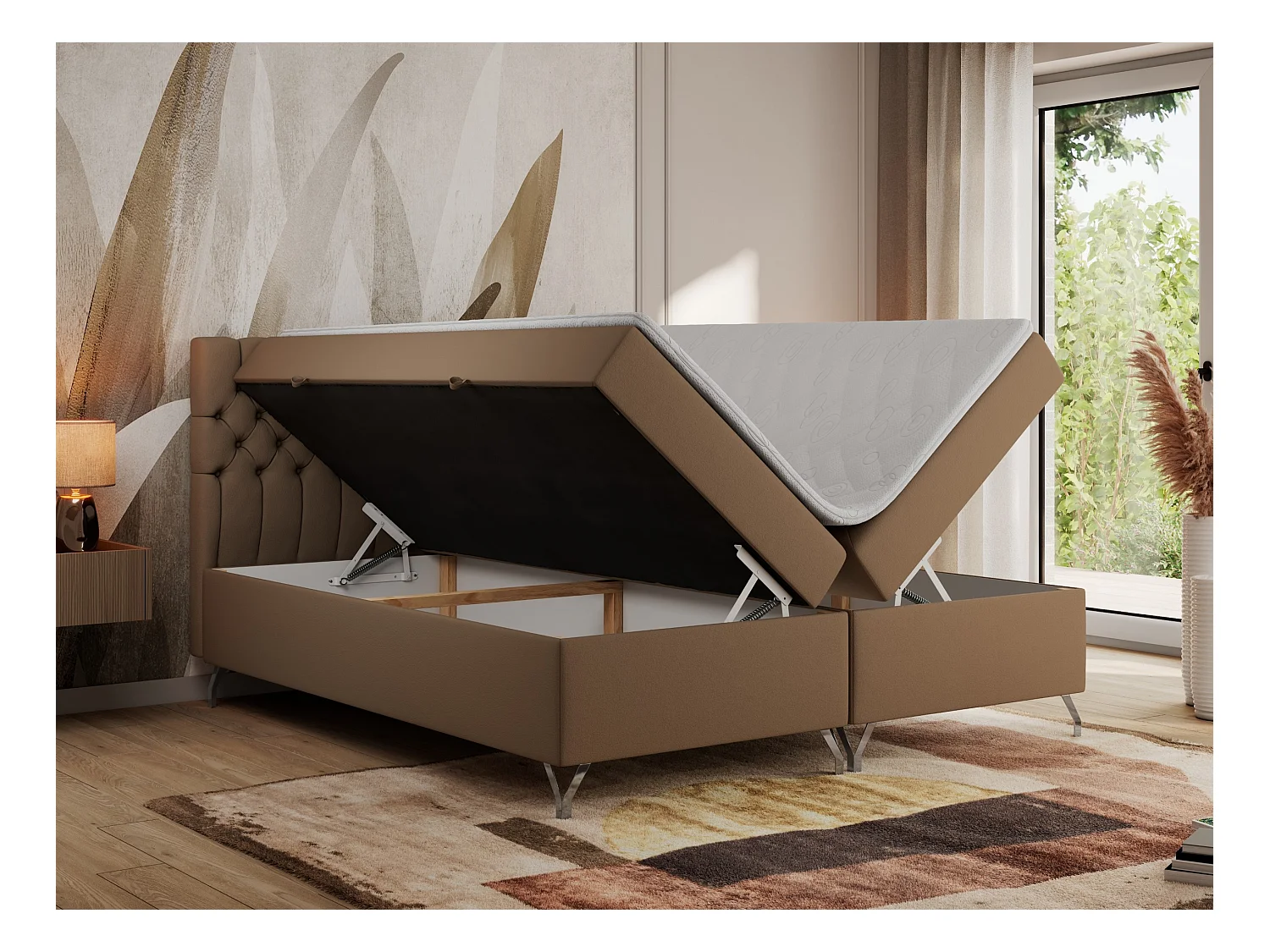 Boxspringbett GRIMALDI mit zwei Bettkästen, gesteppter Kopfstütze, Metallfüßen - 160x200 cm - H3 - Braun Kunstleder