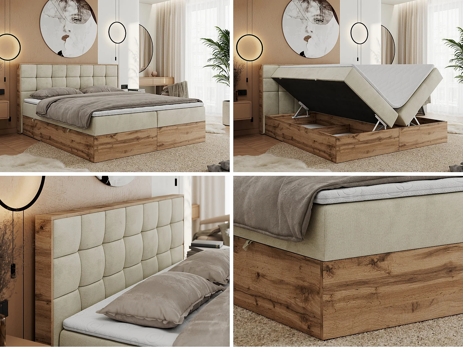 Boxspringbett ALBERO 1, Polsterbett mit gestepptem Kopfteil, Multipocket-Matratze - 200x200 cm - H4 - Beige Velvet