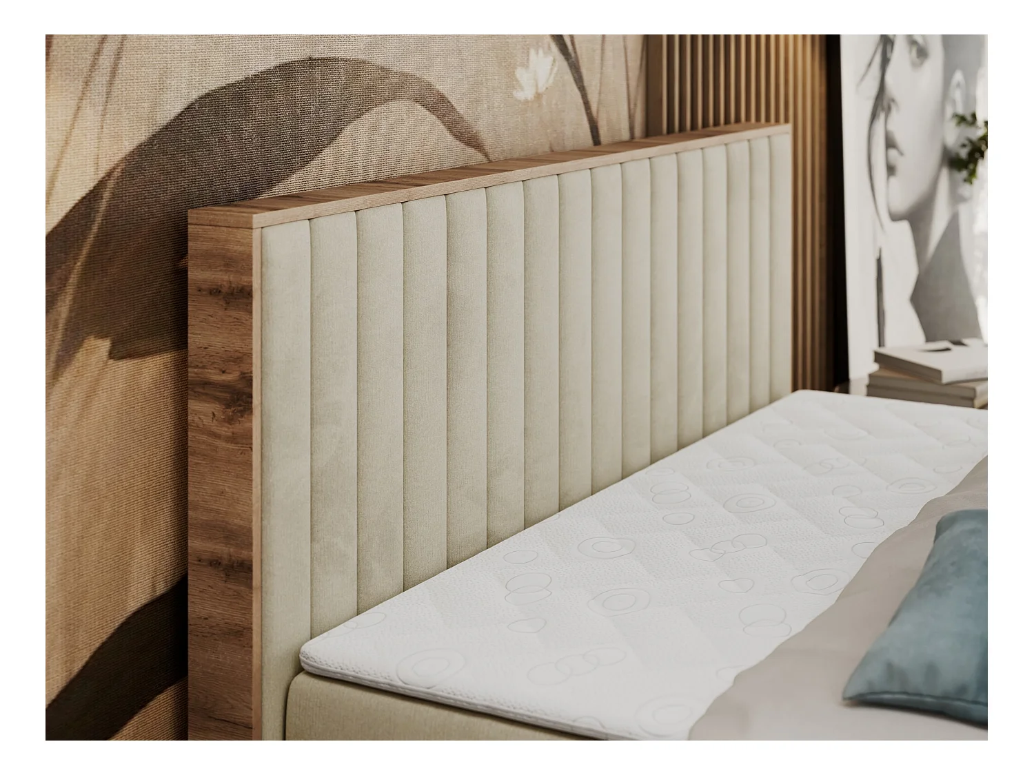 Boxspringbett ALBERO 4, Eiche Wotan Holzrahmen, mit Stauraum, genähtes Kopfteil - 140x200 cm - H4 - Beige Velvet