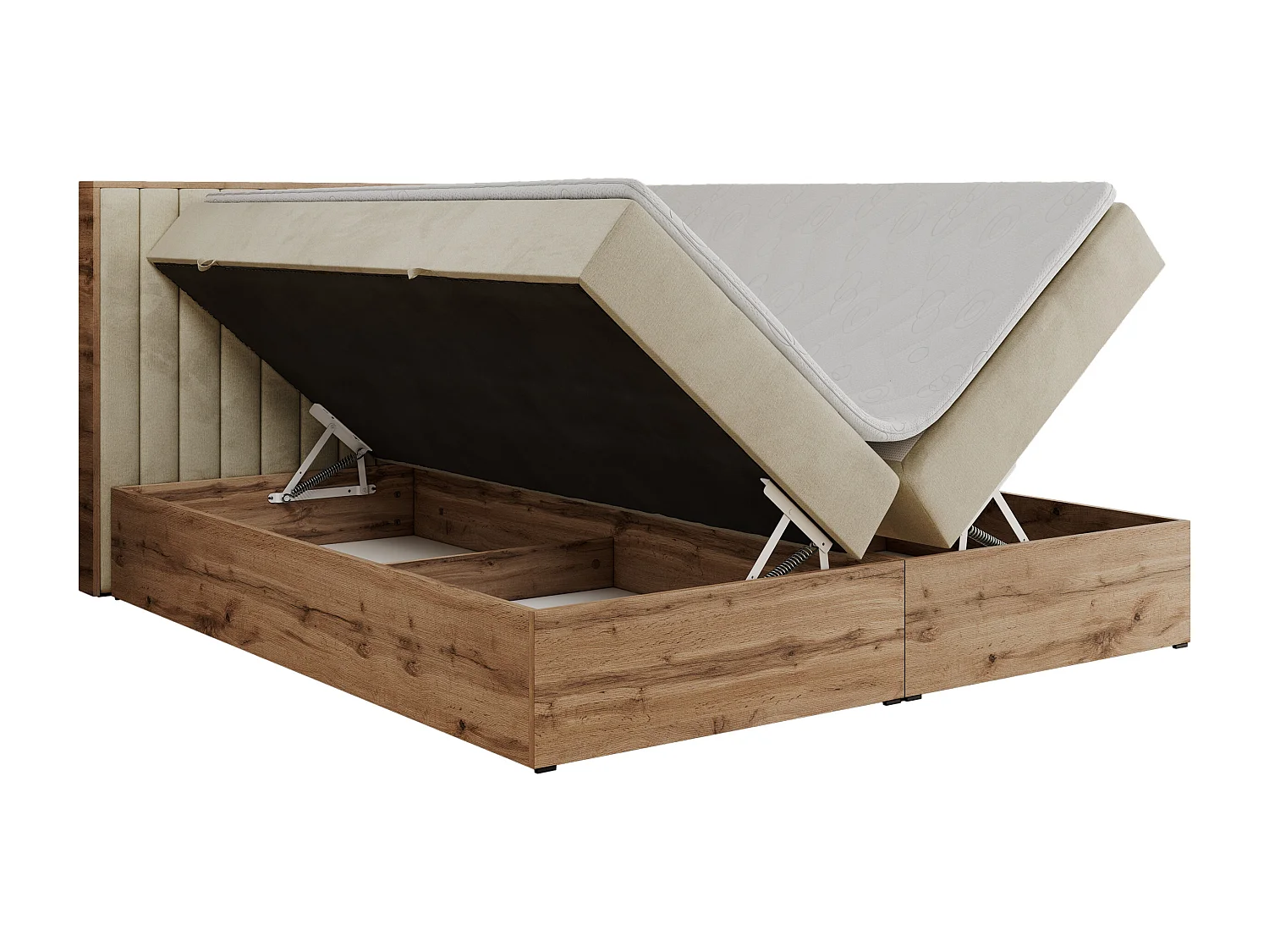 Boxspringbett ALBERO 4, Eiche Wotan Holzrahmen, mit Stauraum, genähtes Kopfteil - 140x200 cm - H4 - Beige Velvet