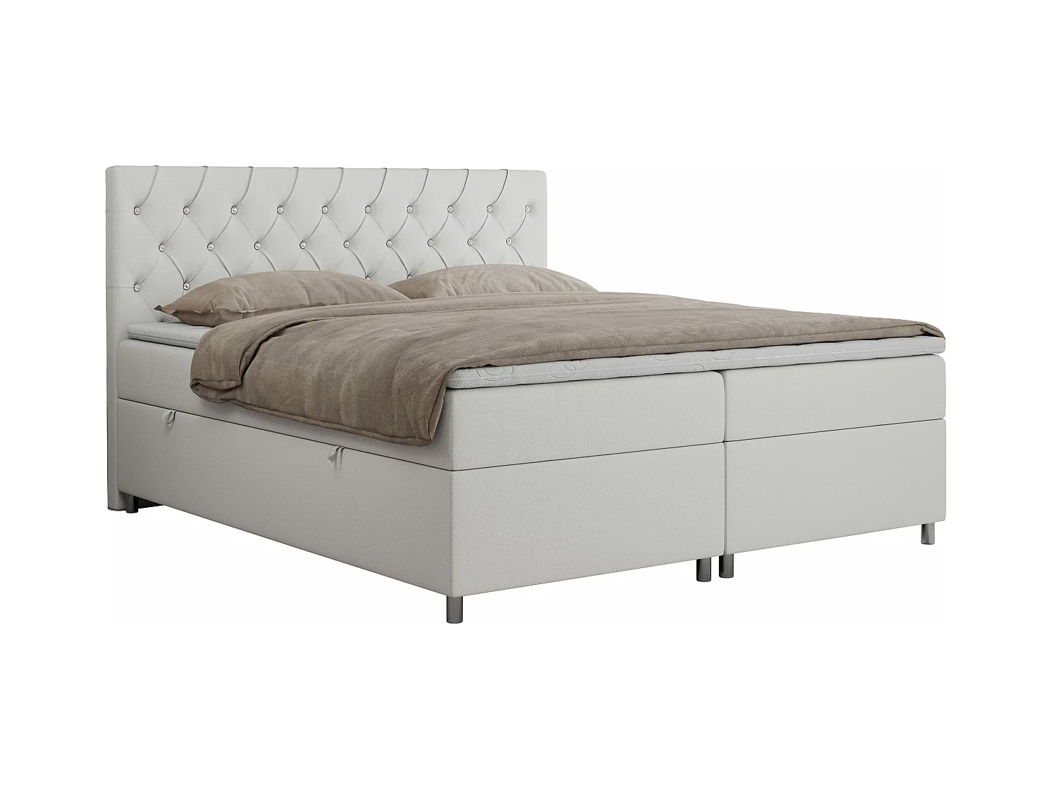 Boxspringbett ROMA mit gestepptem Kopfteil, Multipocket-Matratze, dekorative Füße - 180x200 cm - H3 - Weiß Kunstleder