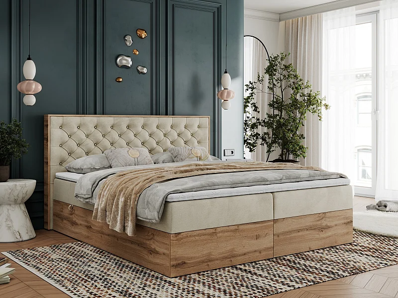 Boxspringbett ALBERO 3 - gesteppte Kopfstütze, Eiche Wotan Holzrahmen, Stauraum - 160x200 cm - H4 - Beige Velvet