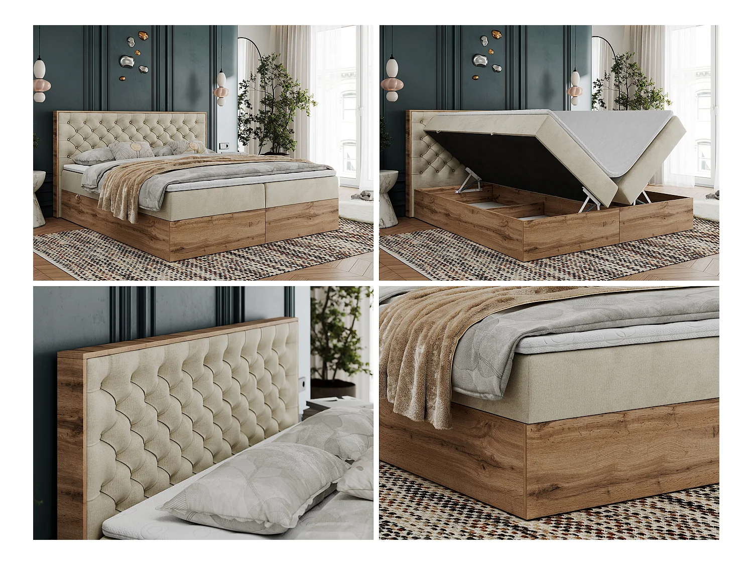 Boxspringbett ALBERO 3 - gesteppte Kopfstütze, Eiche Wotan Holzrahmen, Stauraum - 160x200 cm - H4 - Beige Velvet
