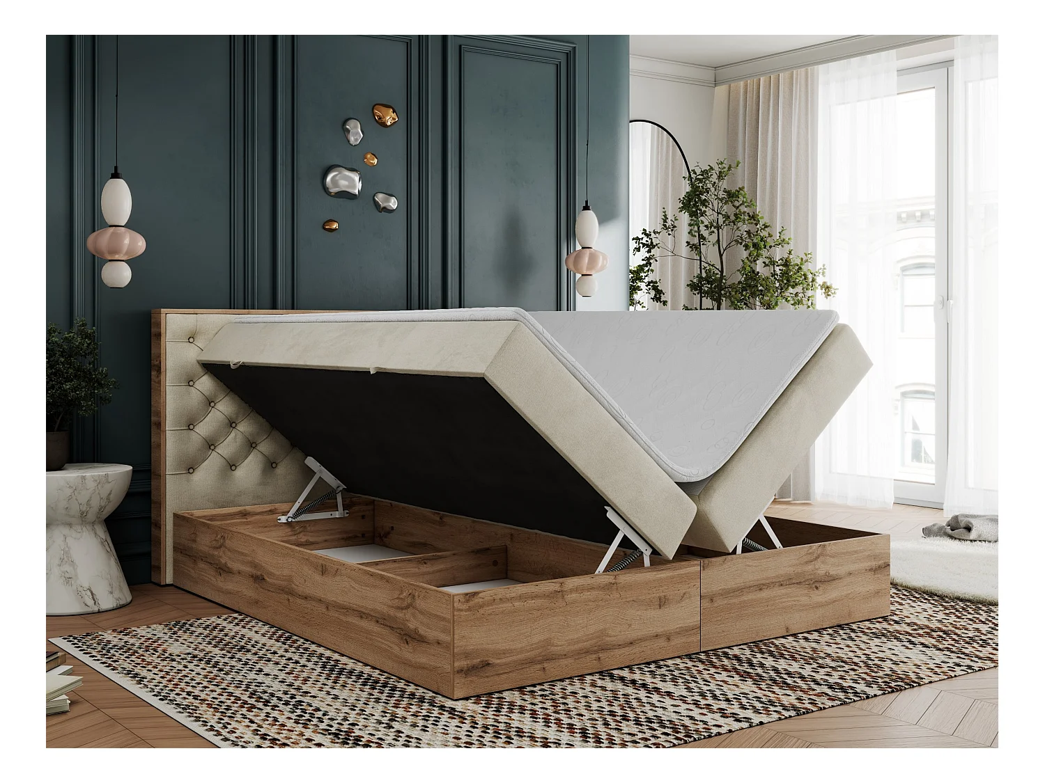 Boxspringbett ALBERO 3 - gesteppte Kopfstütze, Eiche Wotan Holzrahmen, Stauraum - 160x200 cm - H4 - Beige Velvet