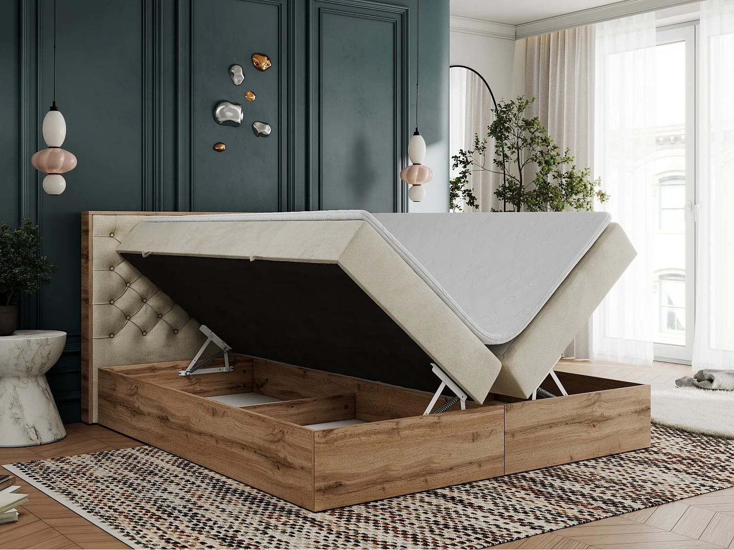 Boxspringbett ALBERO 3 - gesteppte Kopfstütze, Eiche Wotan Holzrahmen, Stauraum - 160x200 cm - H4 - Beige Velvet