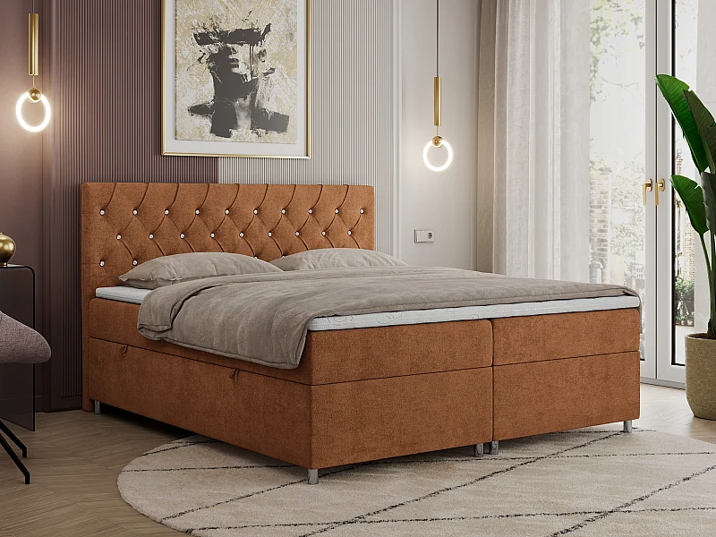 Boxspringbett ROMA mit gestepptem Kopfteil, Multipocket-Matratze, dekorative Füße - 120x200 cm - H3 - Orange Strukture