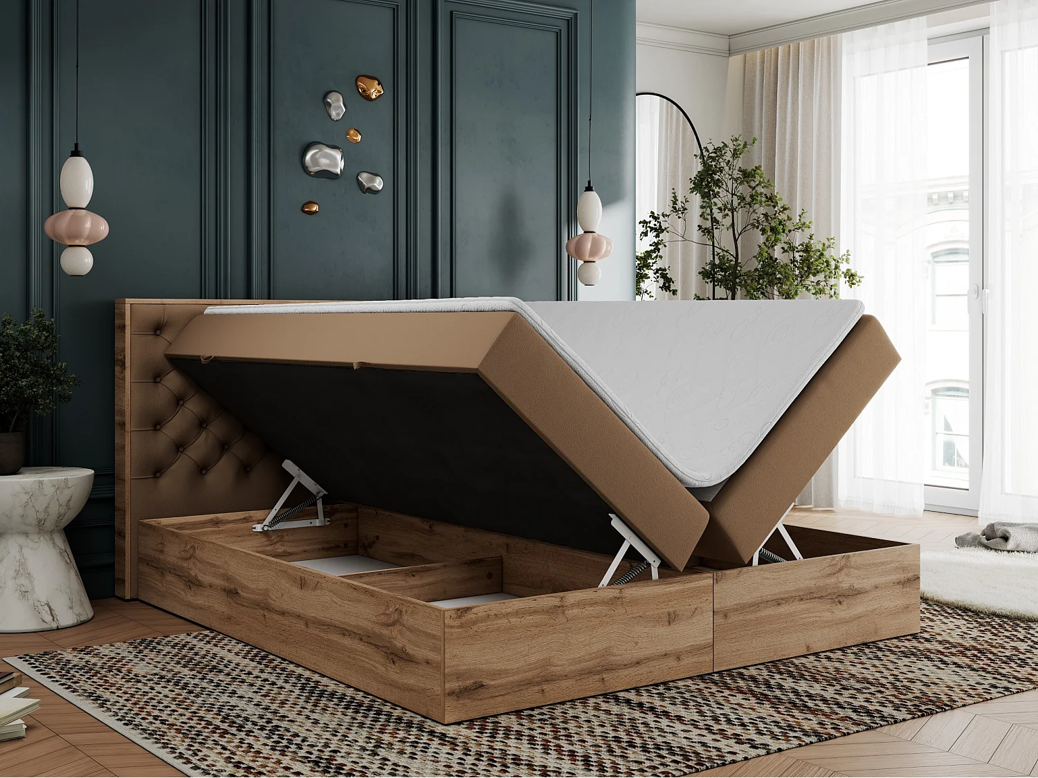 Boxspringbett ALBERO 3 - gesteppte Kopfstütze, Eiche Wotan Holzrahmen, Stauraum - 120x200 cm - H3 - Braun Kunstleder