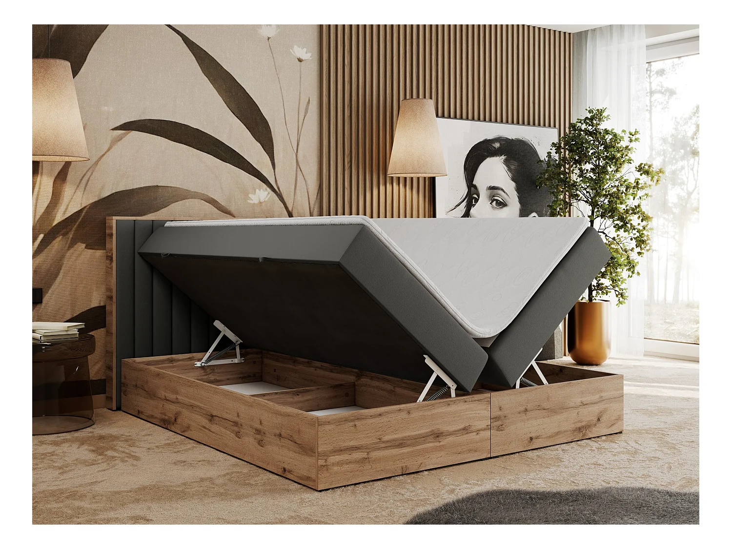 Boxspringbett ALBERO 4, Eiche Wotan Holzrahmen, mit Stauraum, genähtes Kopfteil - 180x200 cm - H4 - Dunkelgrau Kunstleder
