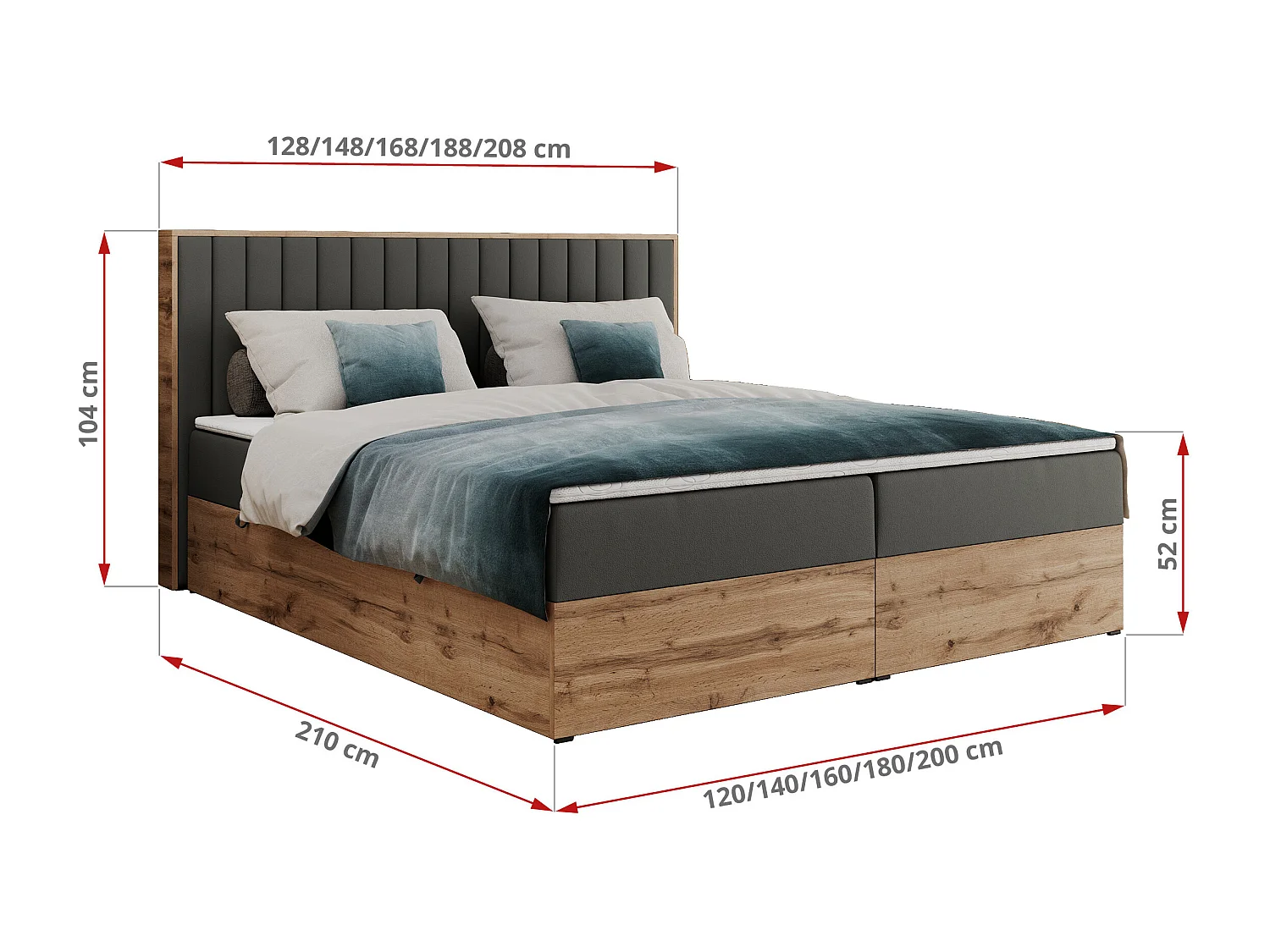 Boxspringbett ALBERO 4, Eiche Wotan Holzrahmen, mit Stauraum, genähtes Kopfteil - 180x200 cm - H4 - Dunkelgrau Kunstleder