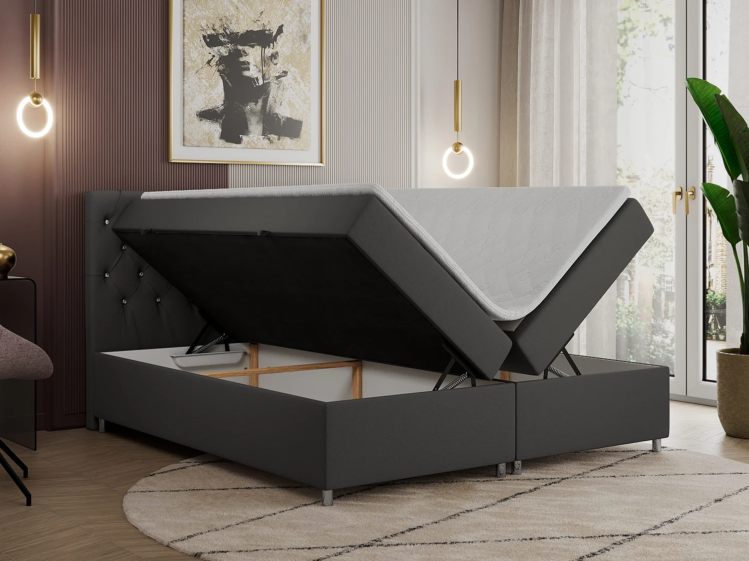 Boxspringbett ROMA mit gestepptem Kopfteil, Multipocket-Matratze, dekorative Füße - 160x200 cm - H4 - Dunkelgrau Kunstleder