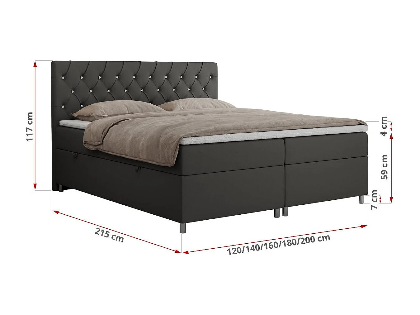 Boxspringbett ROMA mit gestepptem Kopfteil, Multipocket-Matratze, dekorative Füße - 160x200 cm - H4 - Dunkelgrau Kunstleder
