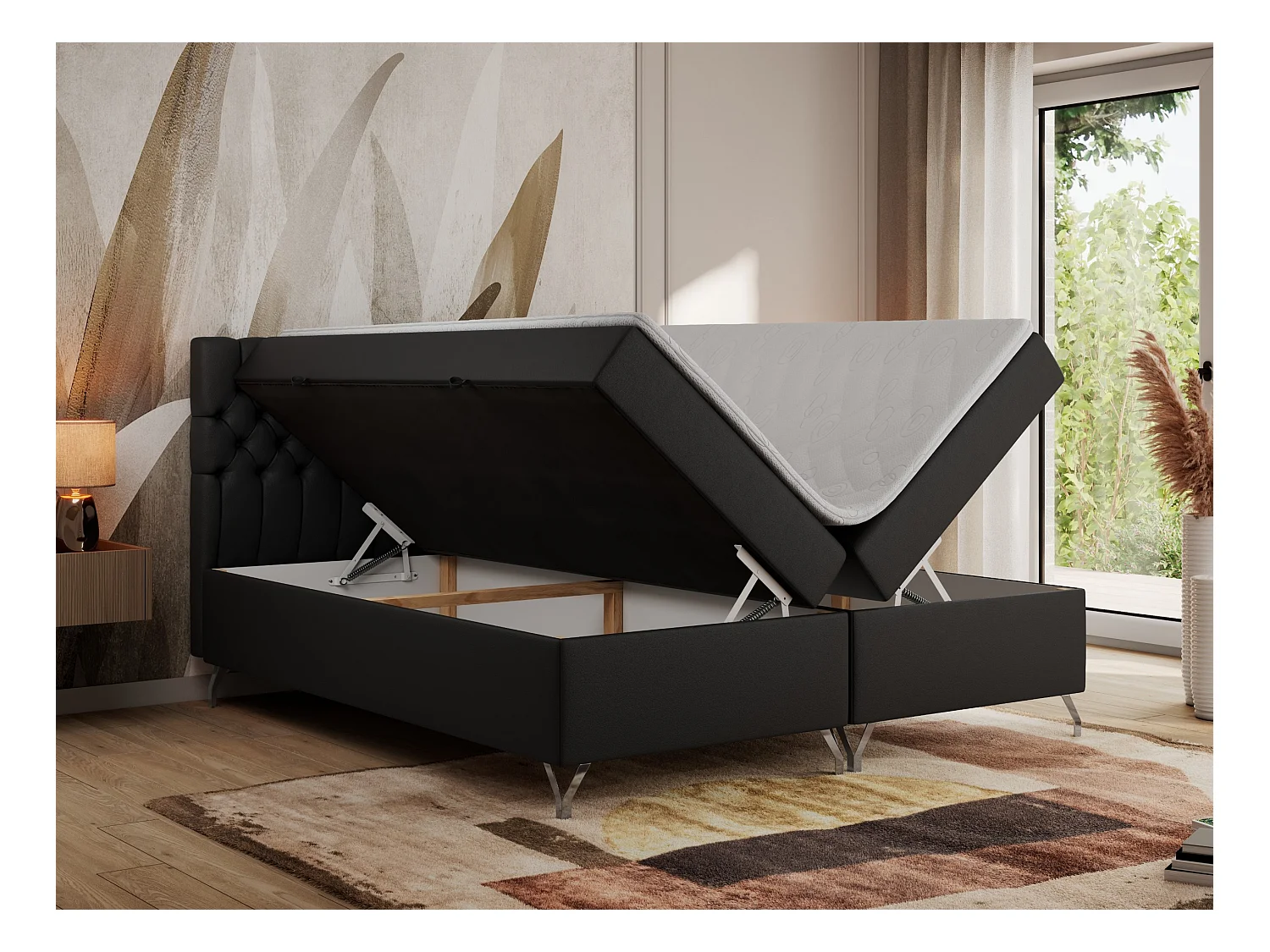 Boxspringbett GRIMALDI mit zwei Bettkästen, gesteppter Kopfstütze, Metallfüßen - 200x200 cm - H3 - Schwarz Kunstleder