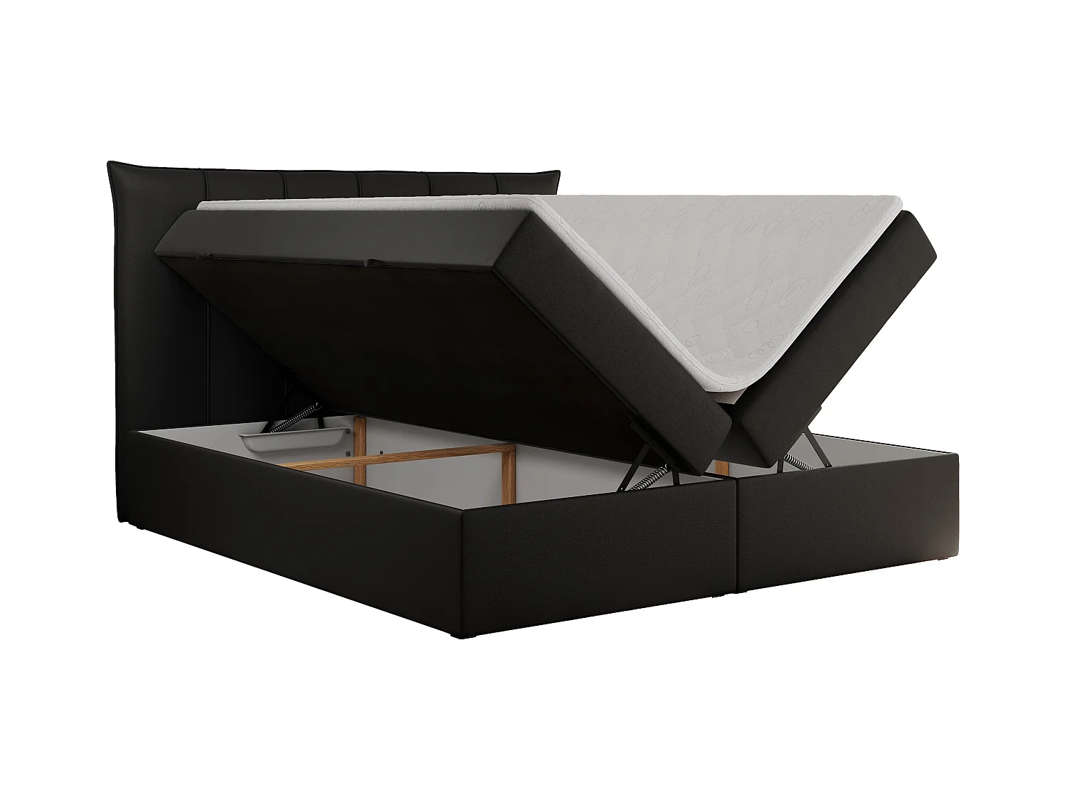 Boxspringbett PREMIUM 10 mit Multipocket-Matratze, gesteppte Kopfstütze, zwei Bettkästen - 200x200 cm - H4 - Schwarz Kunstleder