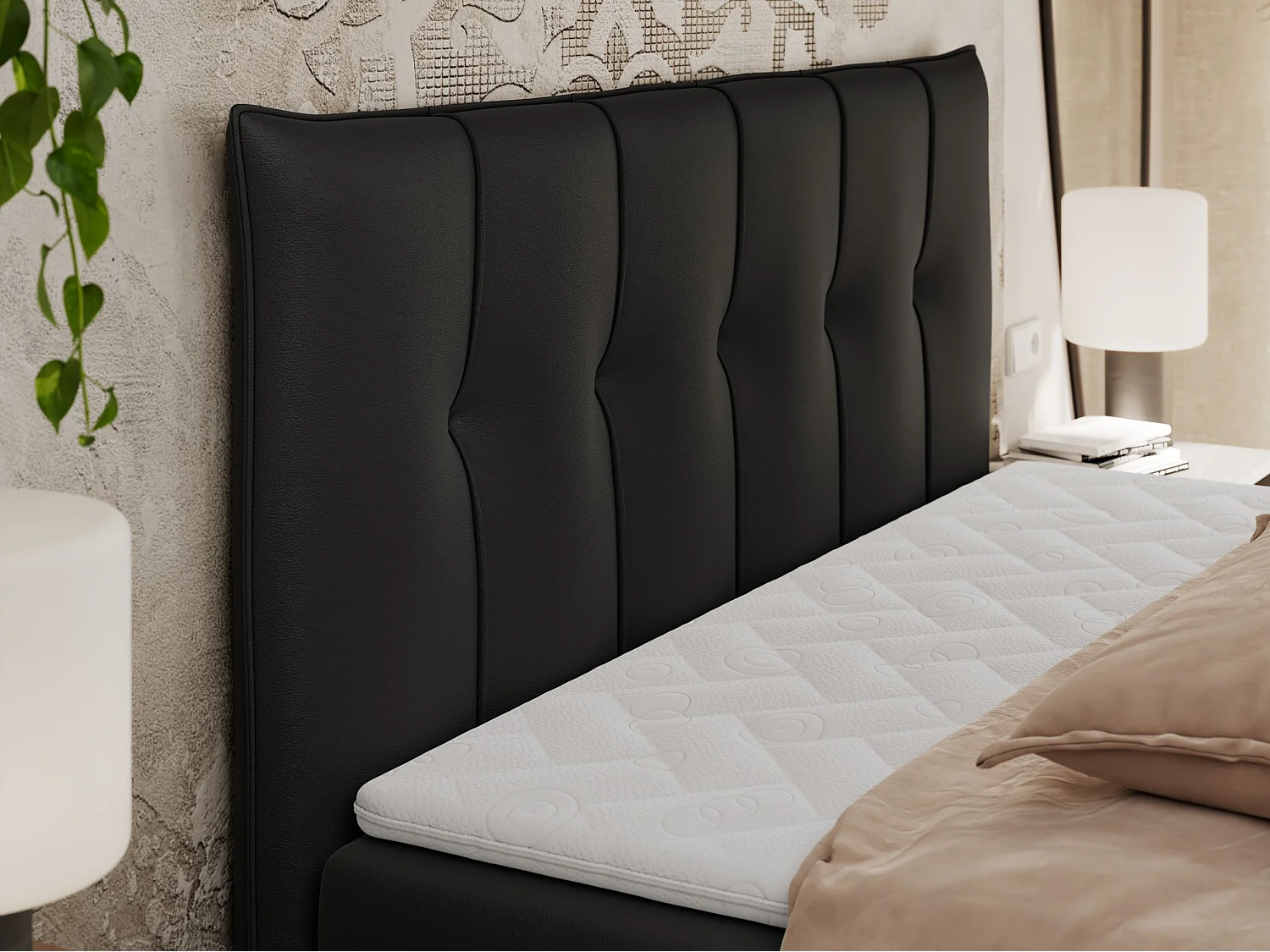 Boxspringbett PREMIUM 10 mit Multipocket-Matratze, gesteppte Kopfstütze, zwei Bettkästen - 200x200 cm - H4 - Schwarz Kunstleder