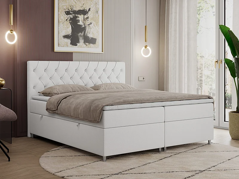 Boxspringbett ROMA mit gestepptem Kopfteil, Multipocket-Matratze, dekorative Füße - 180x200 cm - H4 - Weiß Kunstleder
