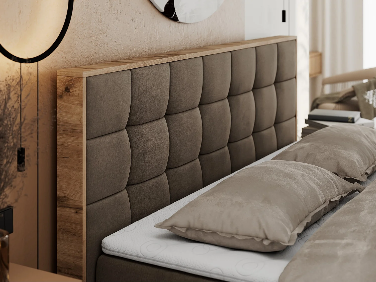 Boxspringbett ALBERO 1, Polsterbett mit gestepptem Kopfteil, Multipocket-Matratze - 140x200 cm - H4 - Braun Velvet