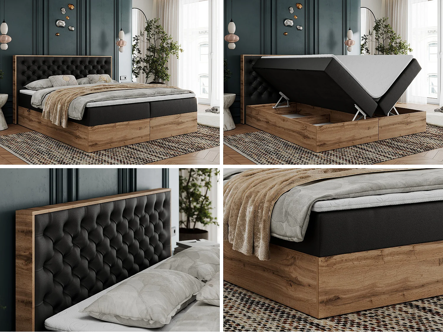 Boxspringbett ALBERO 3 - gesteppte Kopfstütze, Eiche Wotan Holzrahmen, Stauraum - 180x200 cm - H4 - Schwarz Kunstleder