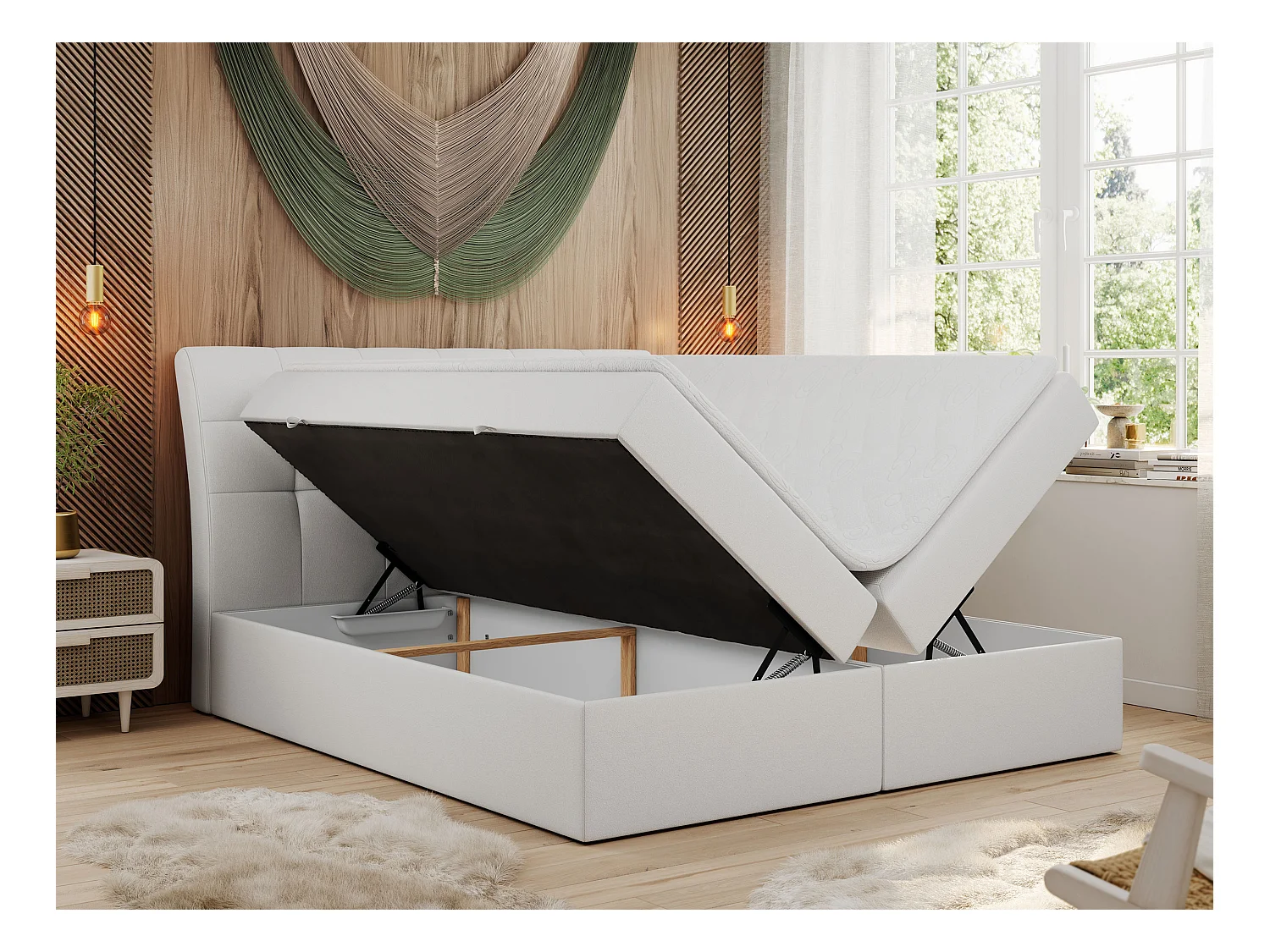 Boxspringbett DIEGOS mit Stauraum, gestepptem Kopfteil, Multipocket-Matratze - 180x200 cm - H4 - Weiß Kunstleder