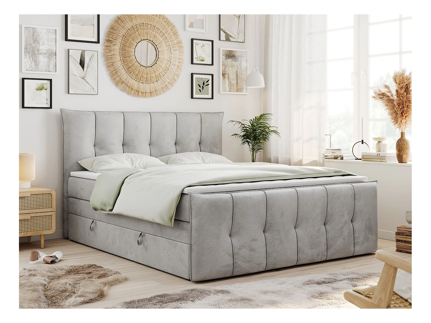 Boxspringbett PREMIUM 11 KING mit Stauraum, gestepptes Kopfteil, zwei Multipocket-Matratzen - 180x200 cm - H4 - Hellgrau Velvet