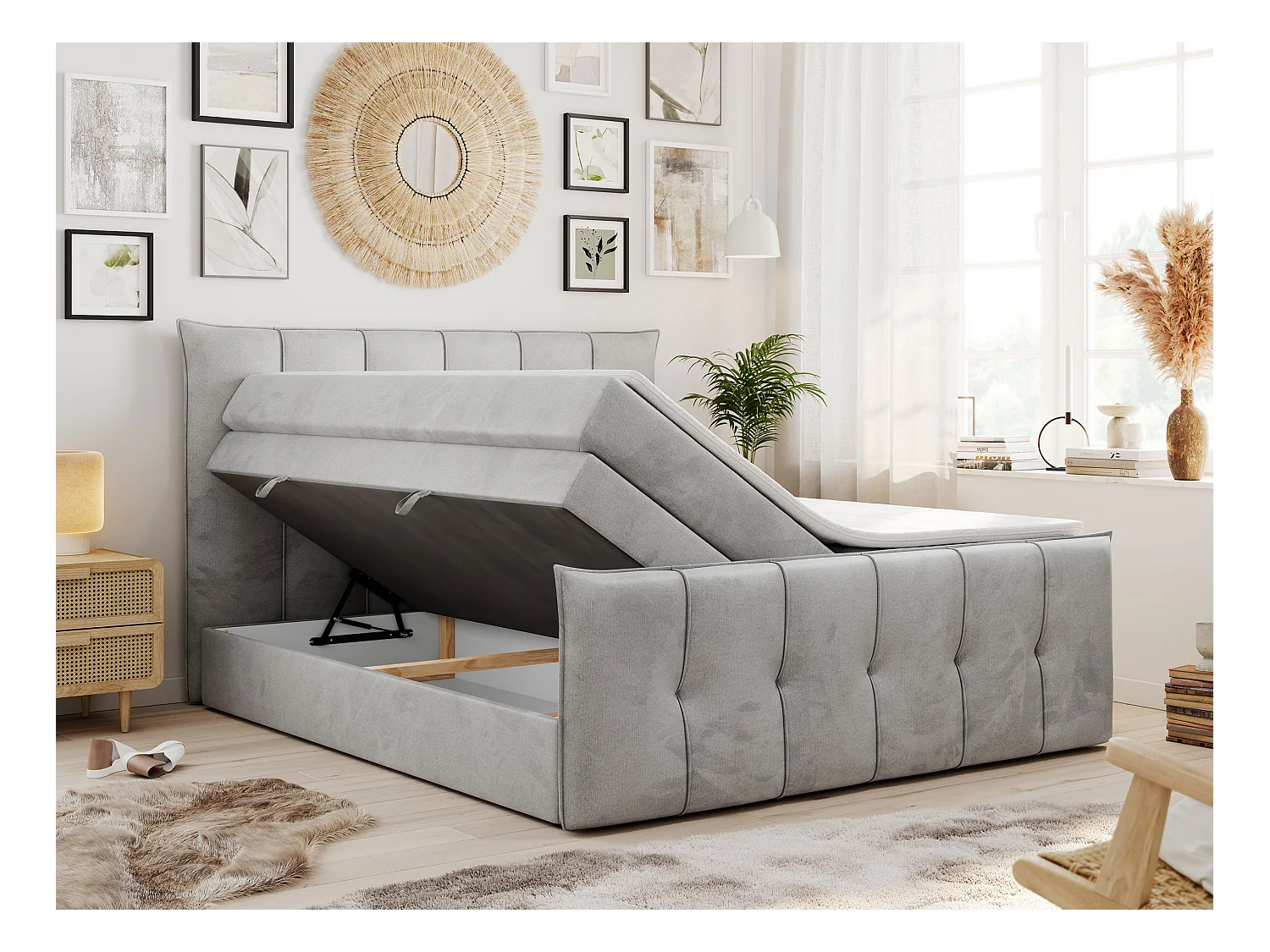 Boxspringbett PREMIUM 11 KING mit Stauraum, gestepptes Kopfteil, zwei Multipocket-Matratzen - 180x200 cm - H4 - Hellgrau Velvet