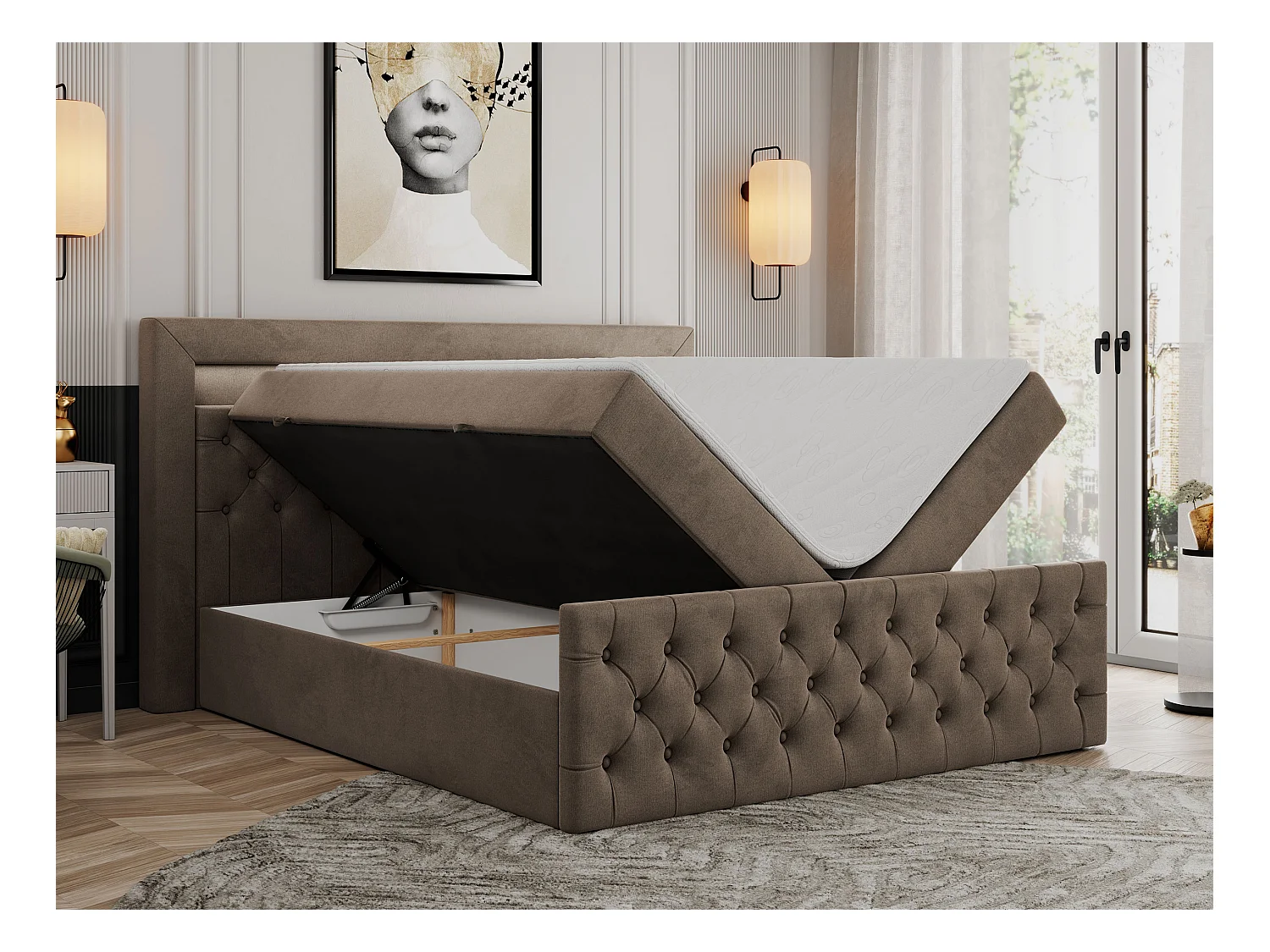 Boxspringbett GOLD 9 mit Stauraum, Multipocket-Matratze, gestepptes Bett, LED Beleuchtung - 200x200 cm - H4 - Braun Velvet