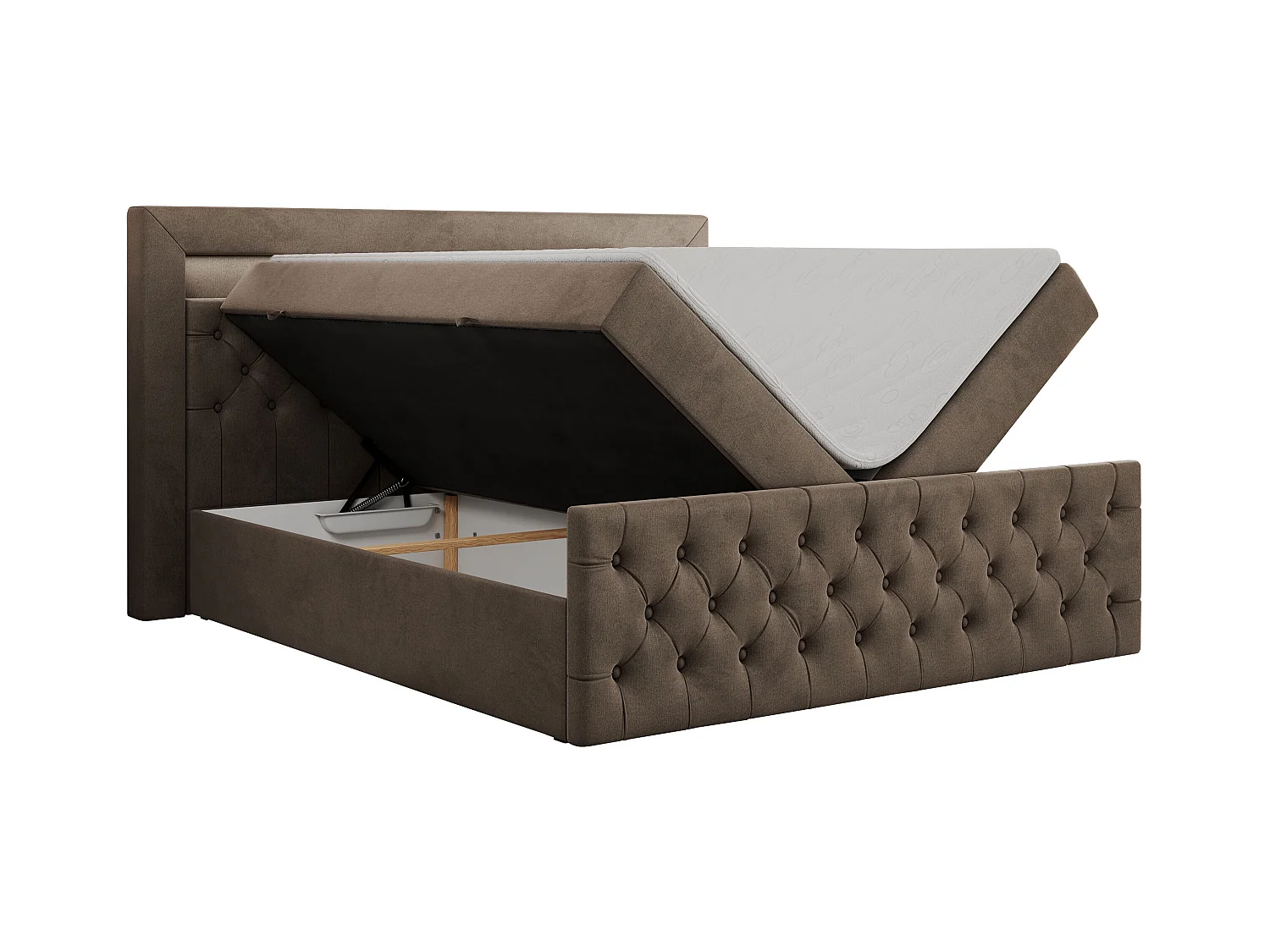 Boxspringbett GOLD 9 mit Stauraum, Multipocket-Matratze, gestepptes Bett, LED Beleuchtung - 200x200 cm - H4 - Braun Velvet